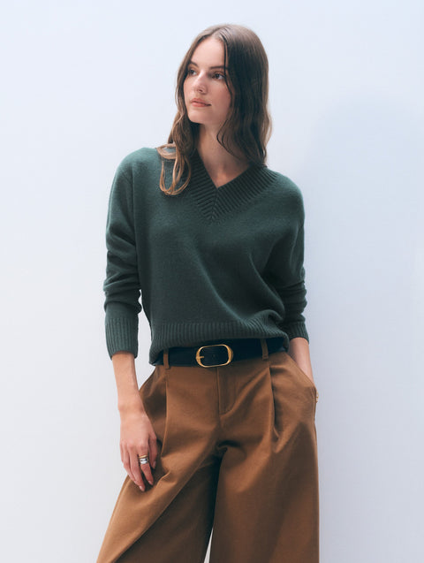 Cashmere Wide Rib Trim V Neck