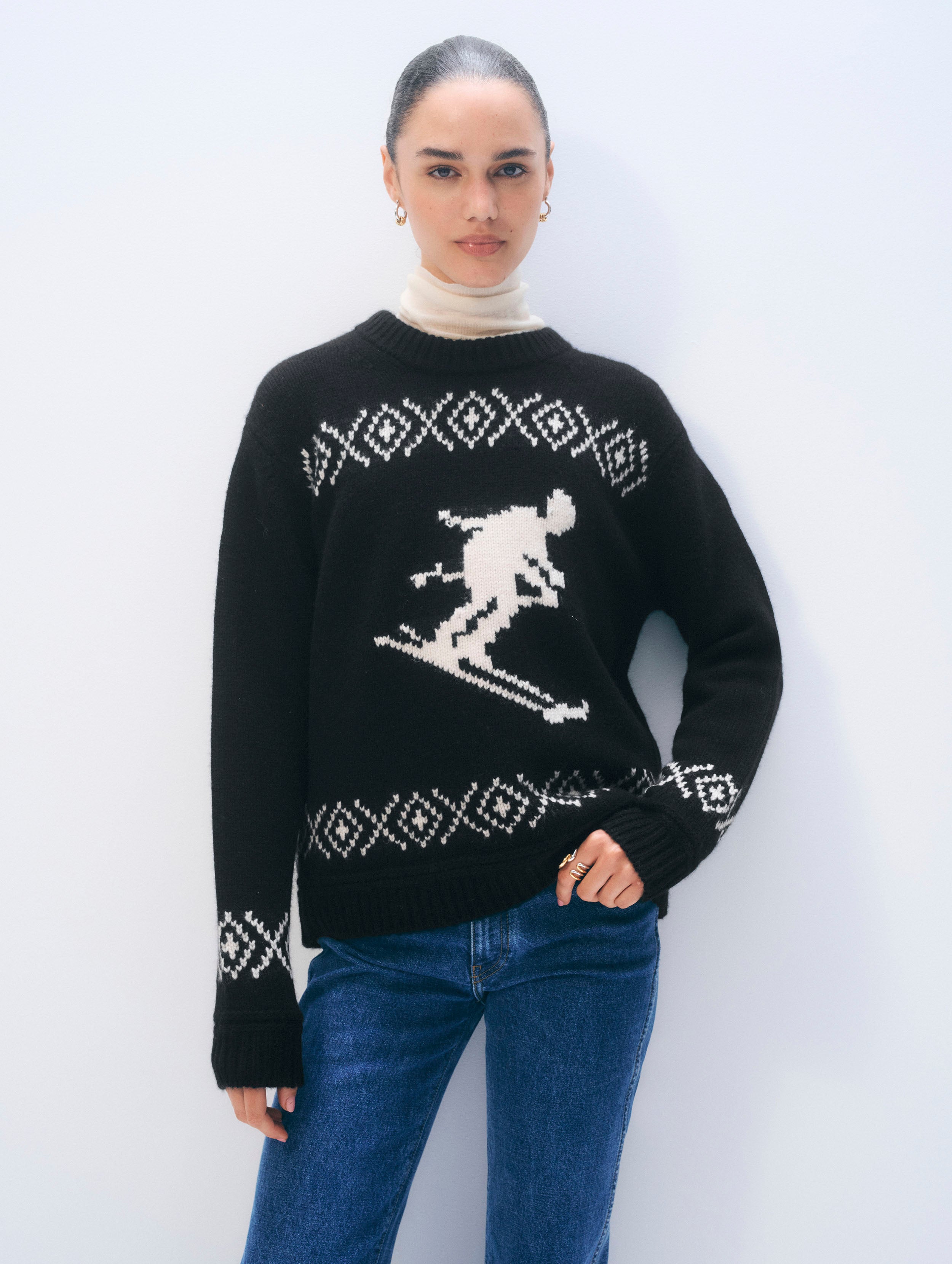 Cashmere Blend Ski Crewneck | Black/Ivory