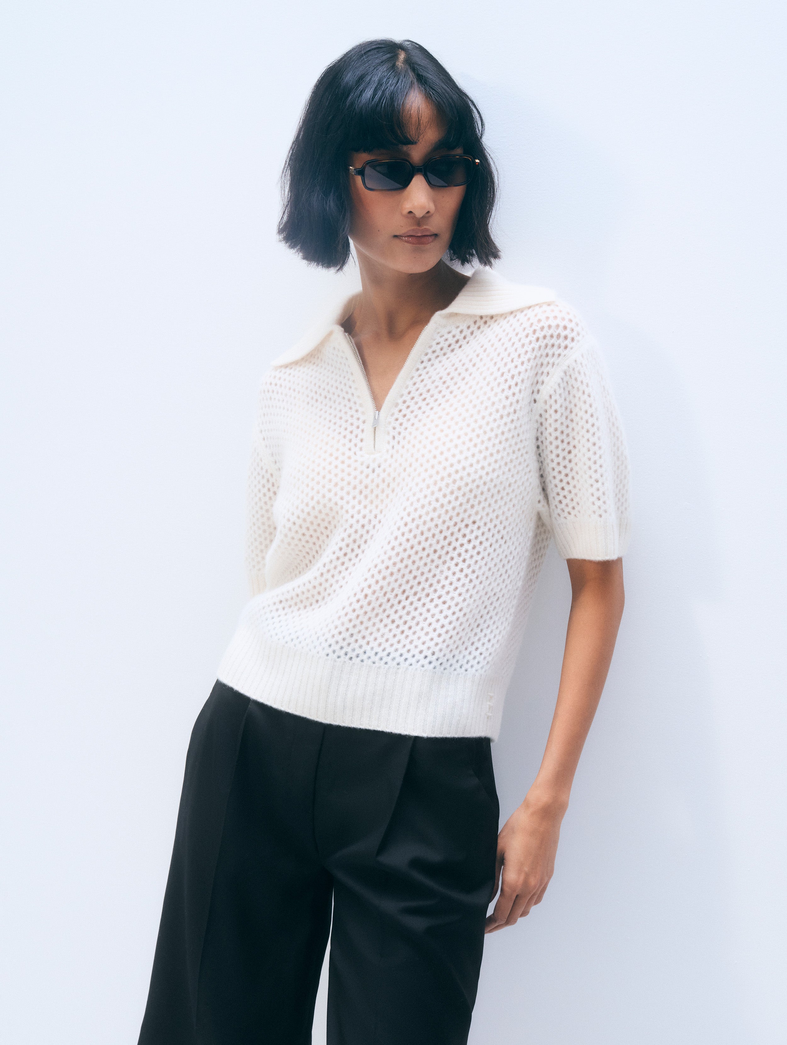 Cashmere Mesh Polo | Soft White