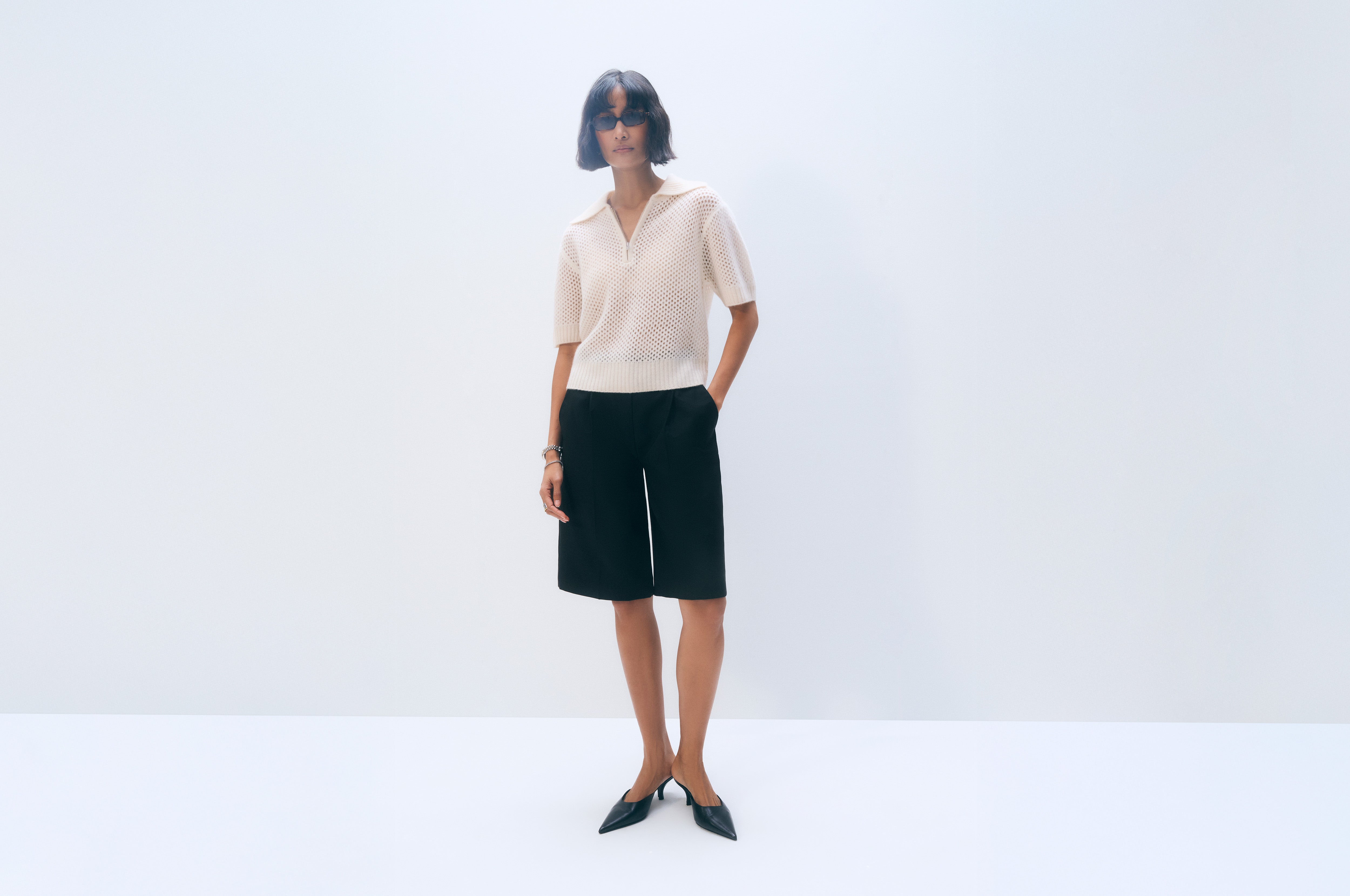 Cashmere Mesh Polo | Soft White