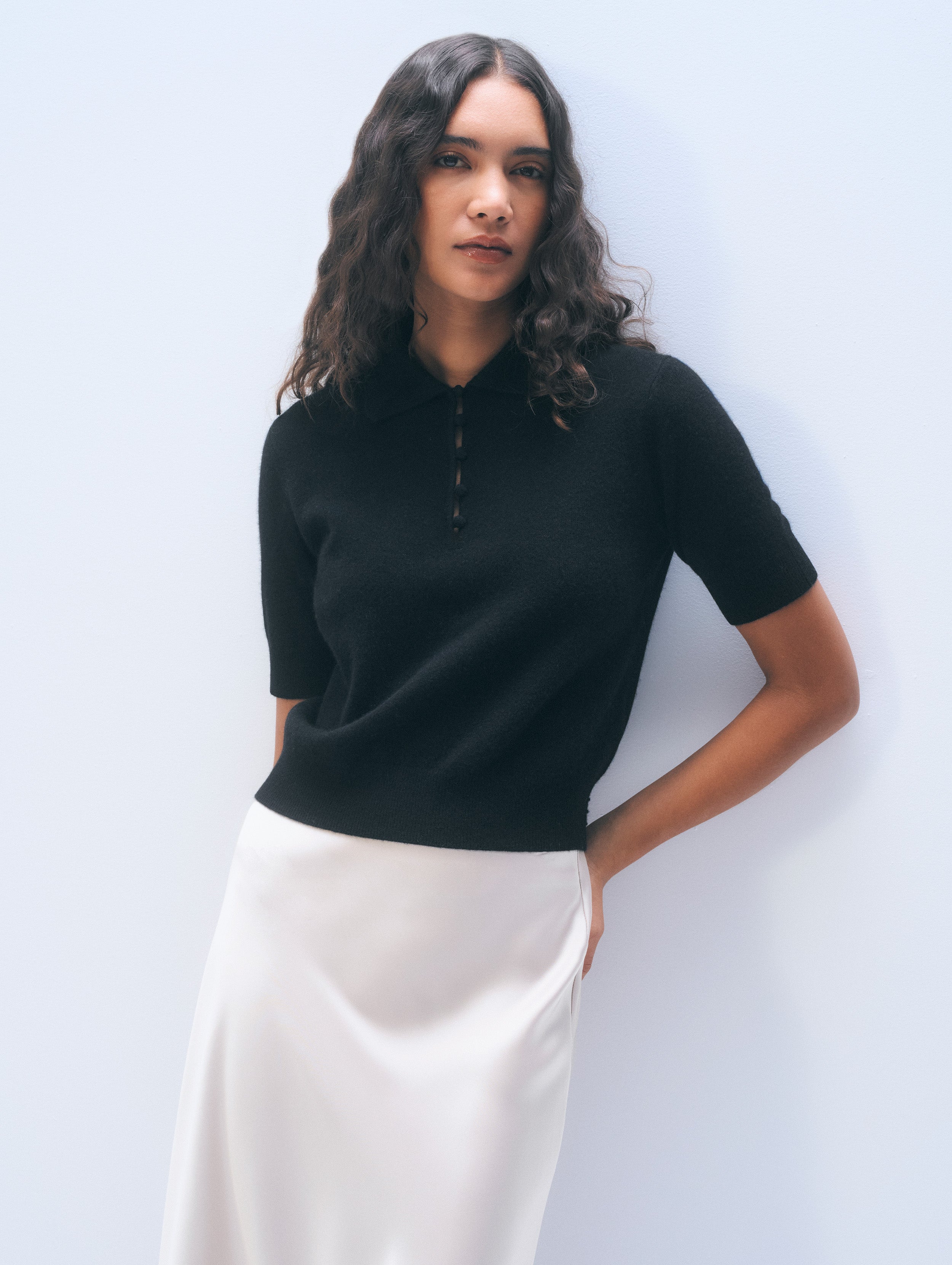 Cashmere Button Polo | Black