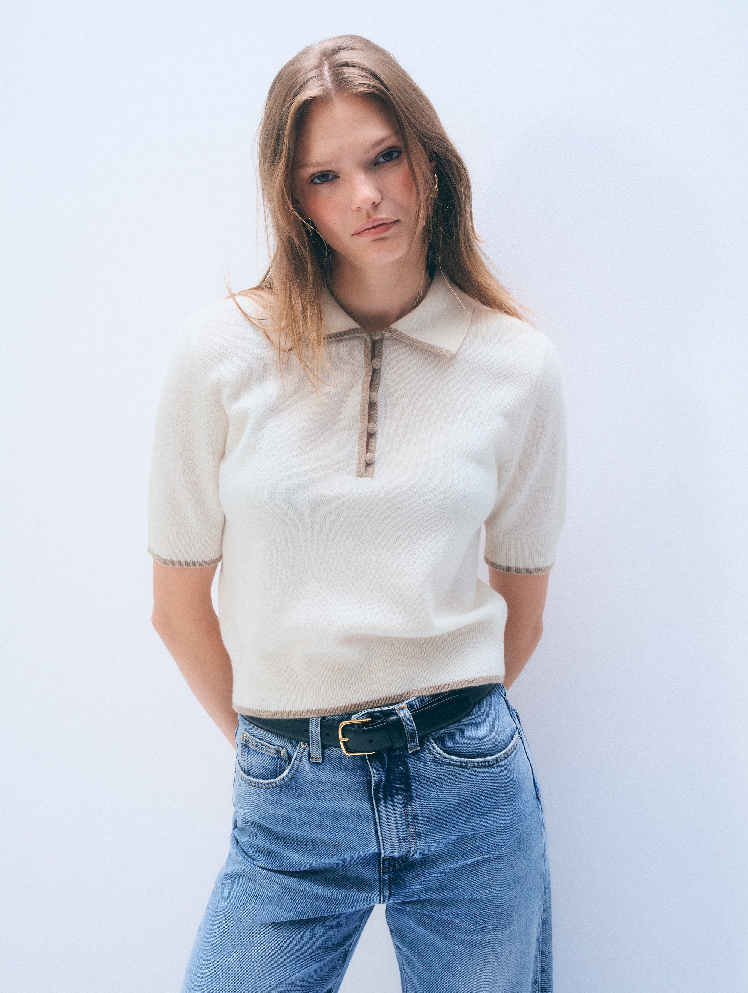 Cashmere Button Polo | Soft White/Taupe