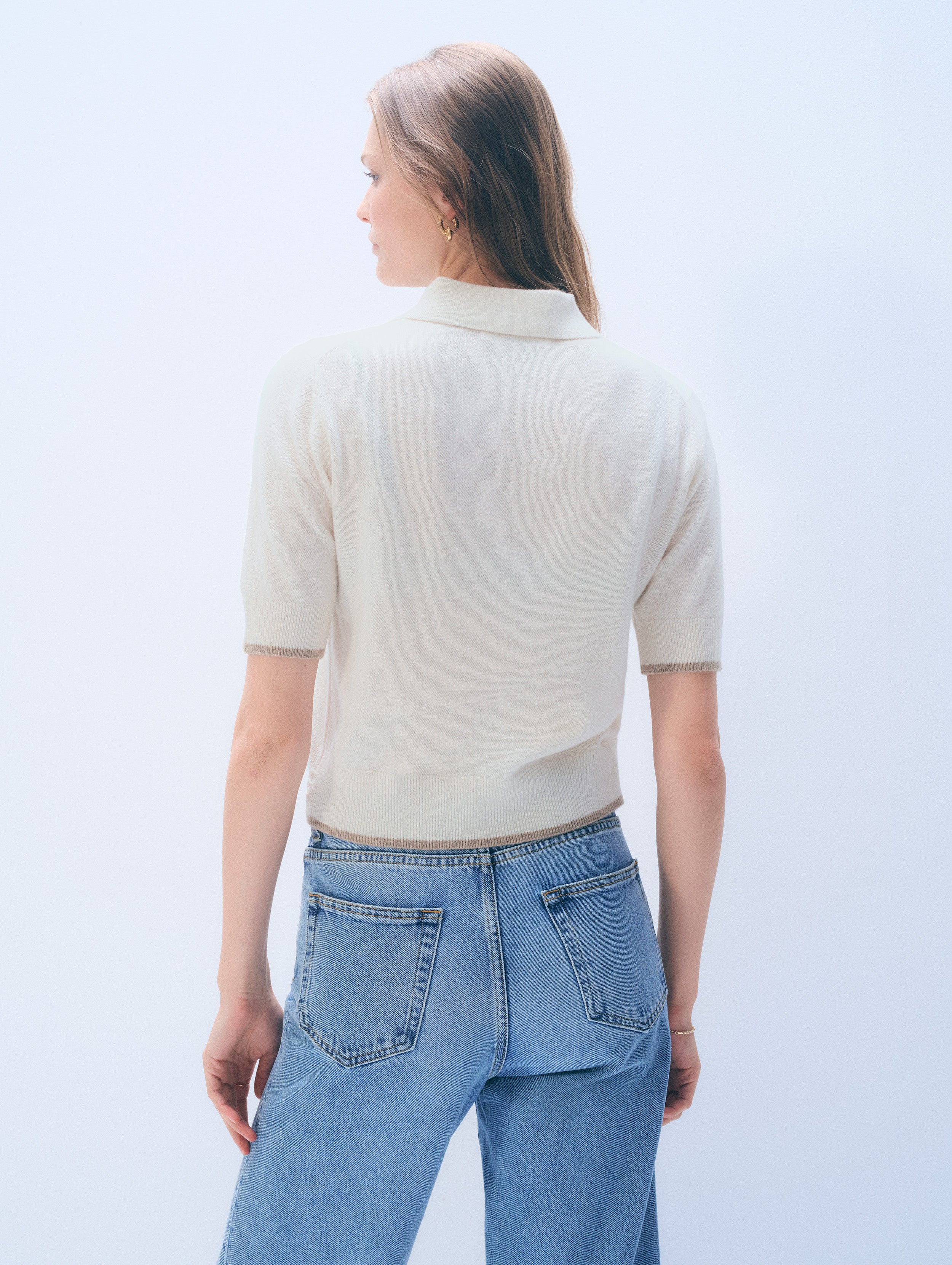 Cashmere Button Polo | Soft White/Taupe
