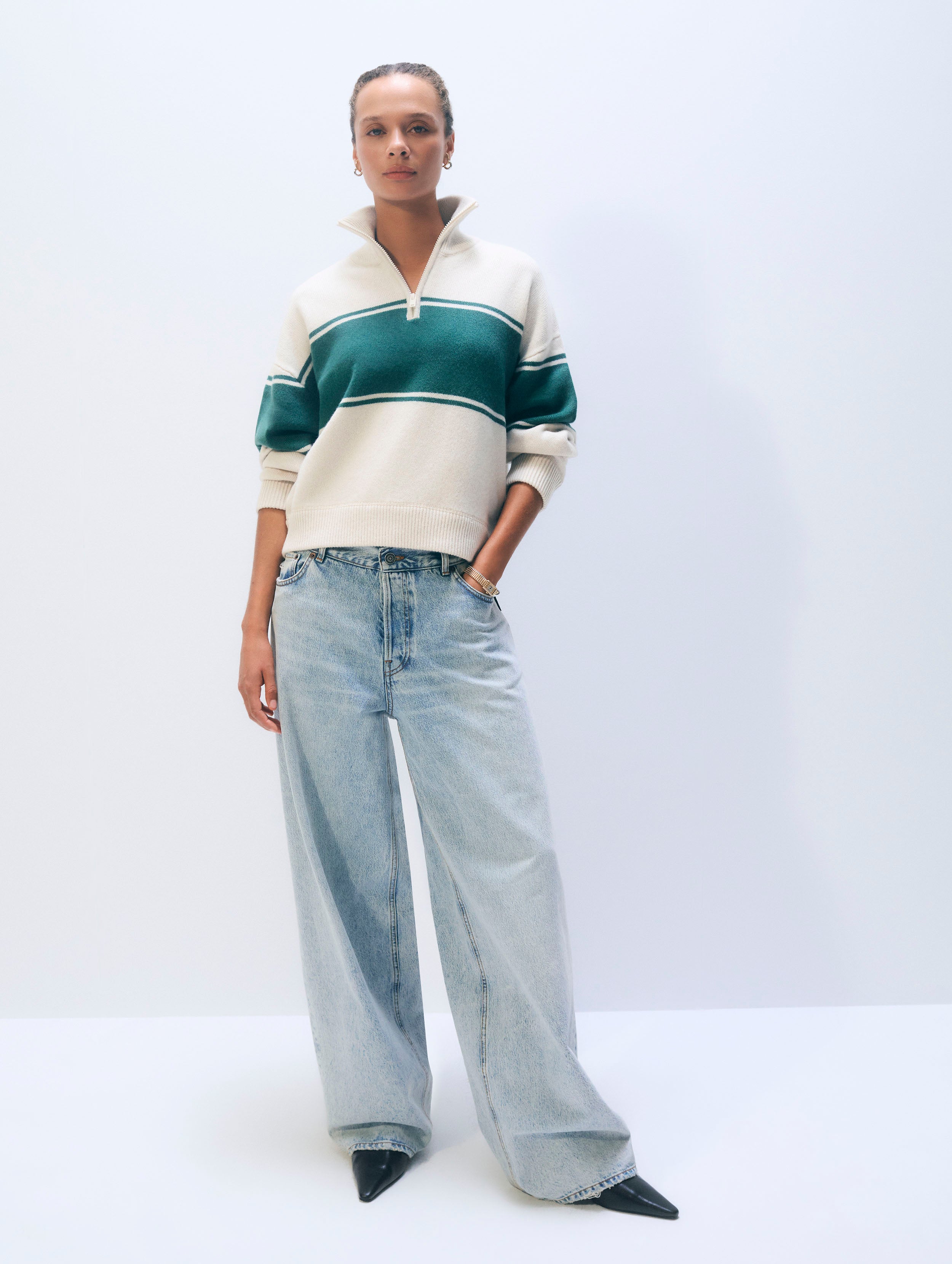 Cashmere Blend Quarter Zip | Ivory/Ivy Green