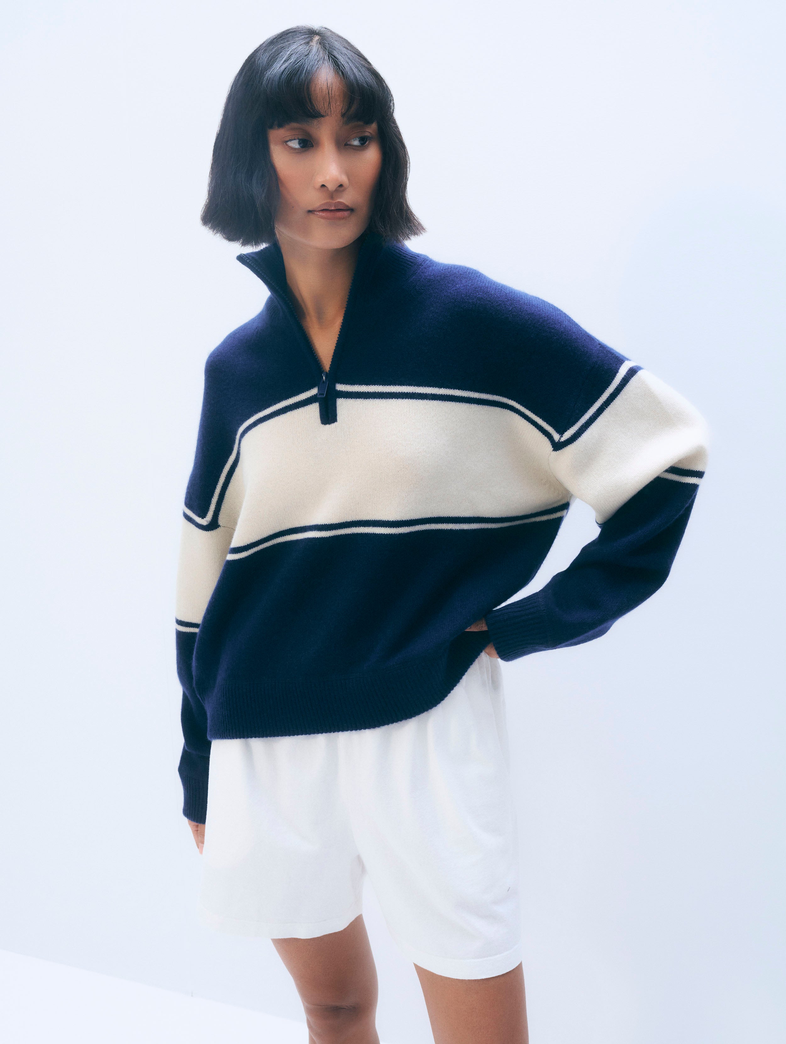 Cashmere Blend Quarter Zip | Navy/Ivory