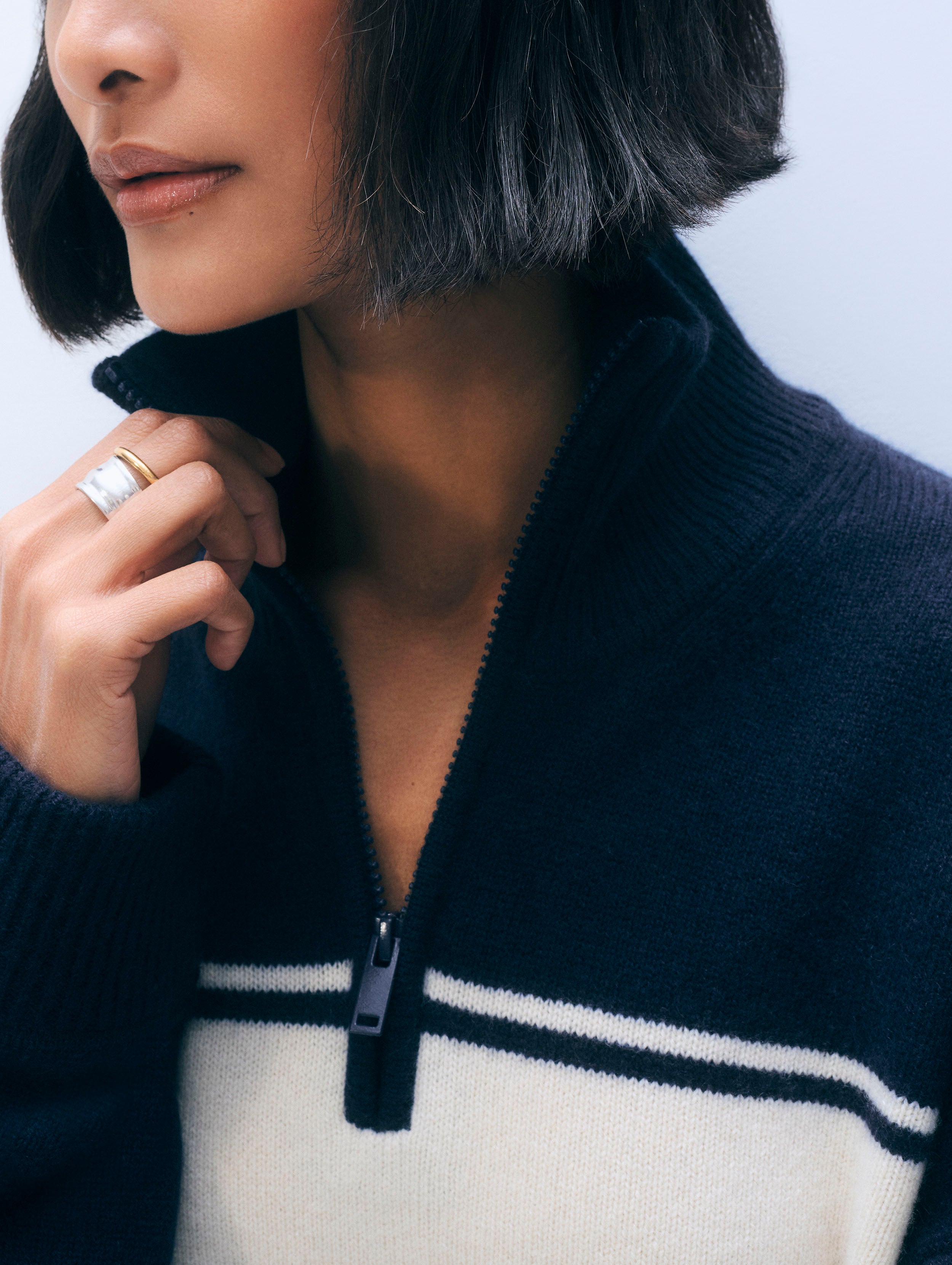 Cashmere Blend Quarter Zip | Navy/Ivory