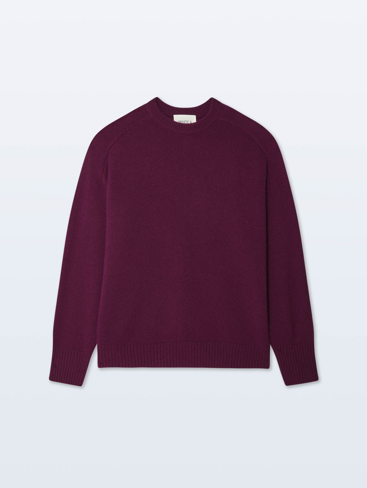 A long-sleeve crewneck knit sweater in deep burgundy, displayed flat against a light gray background.