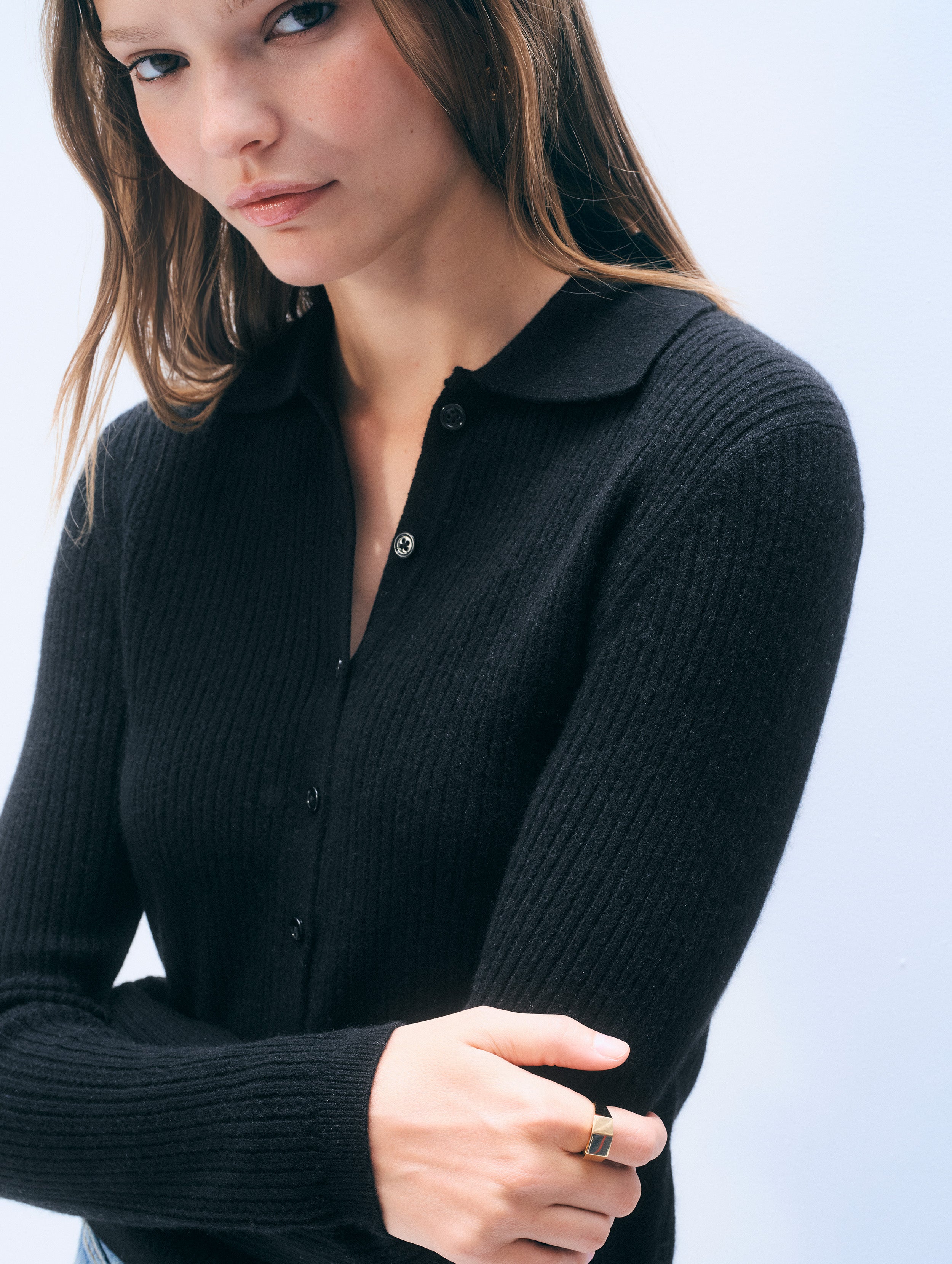 Cashmere Collared Pointelle Shirt | Black