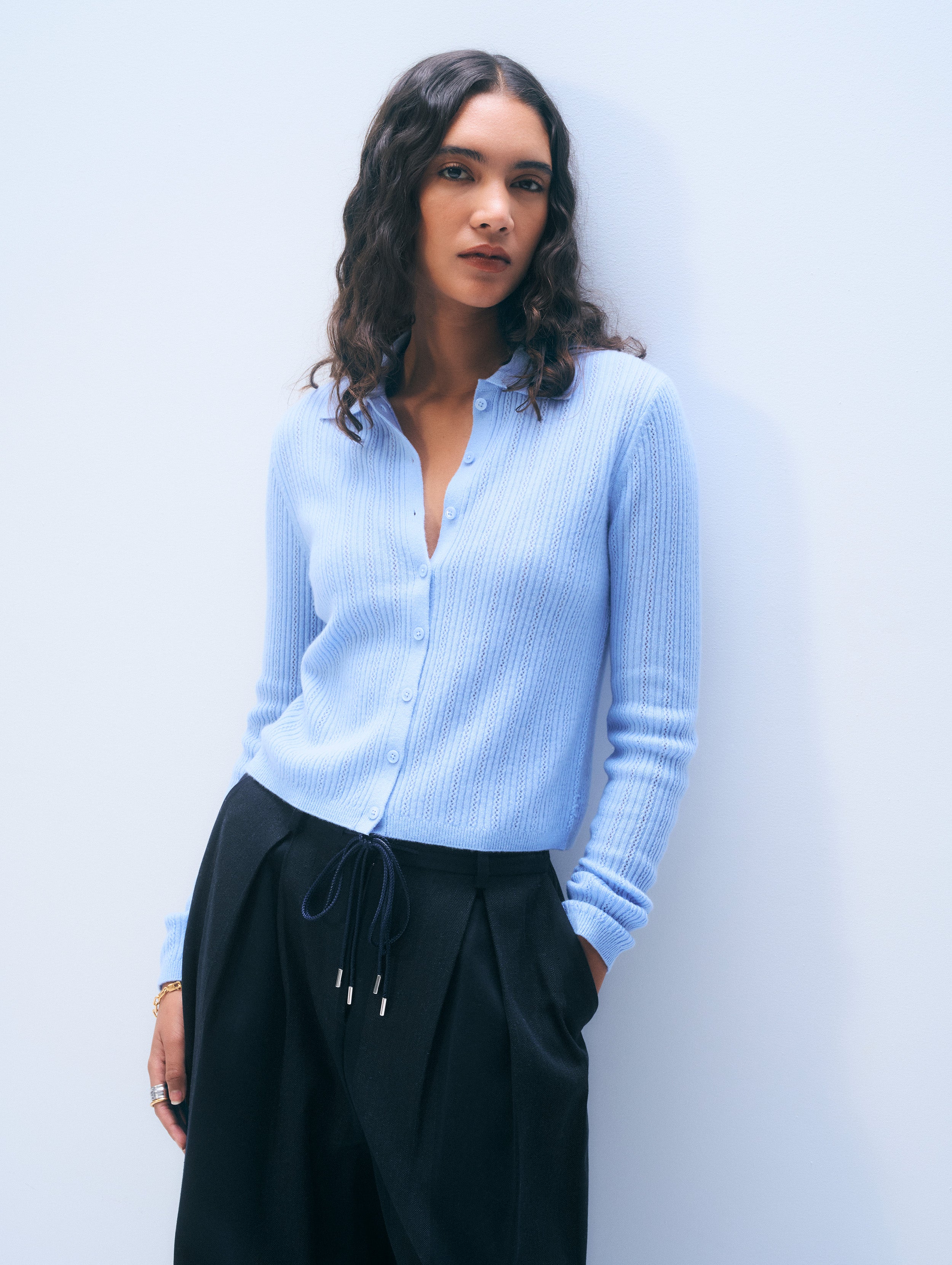 Cashmere Collared Pointelle Shirt | Blue Vapor
