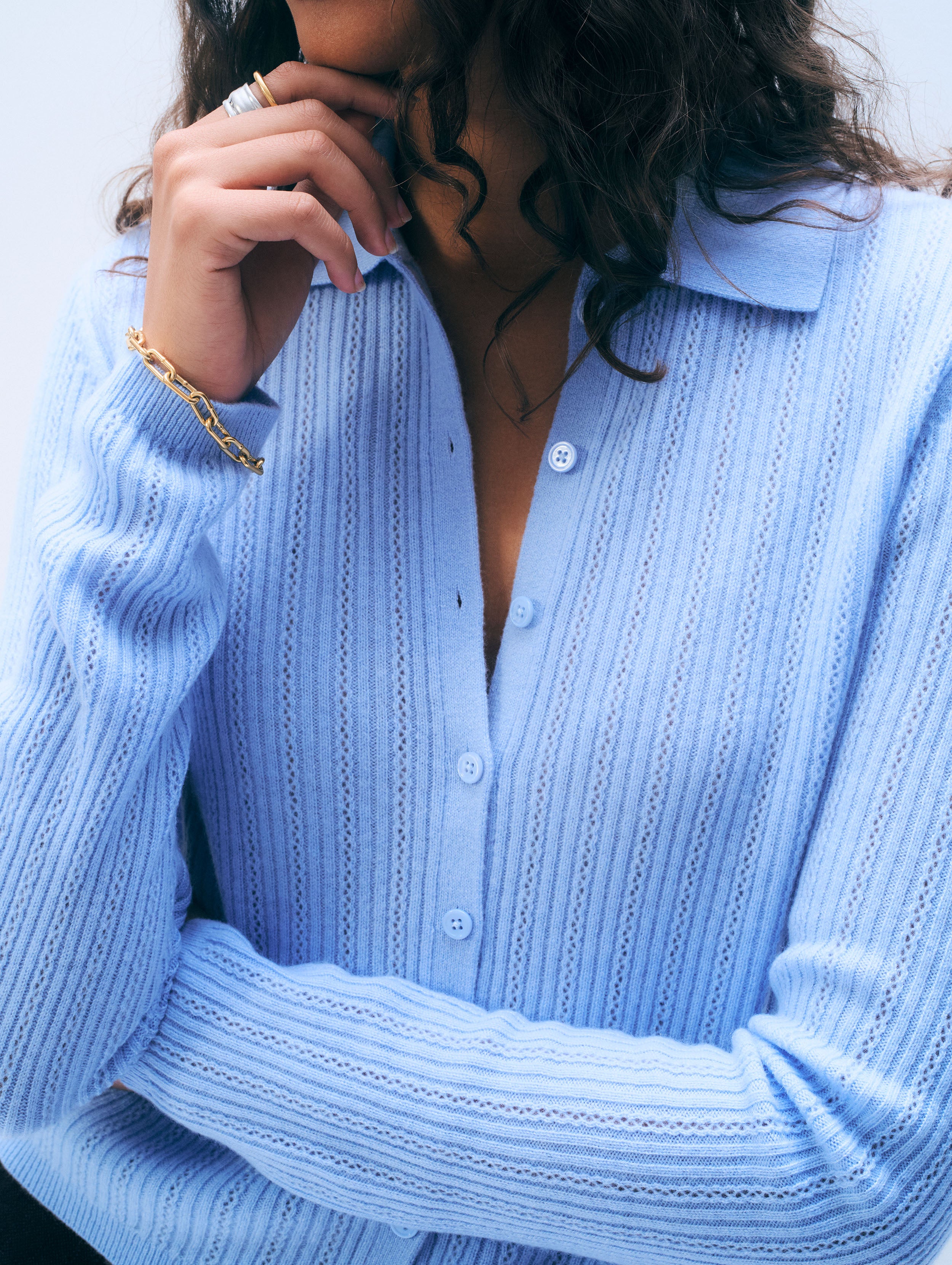 Cashmere Collared Pointelle Shirt | Blue Vapor