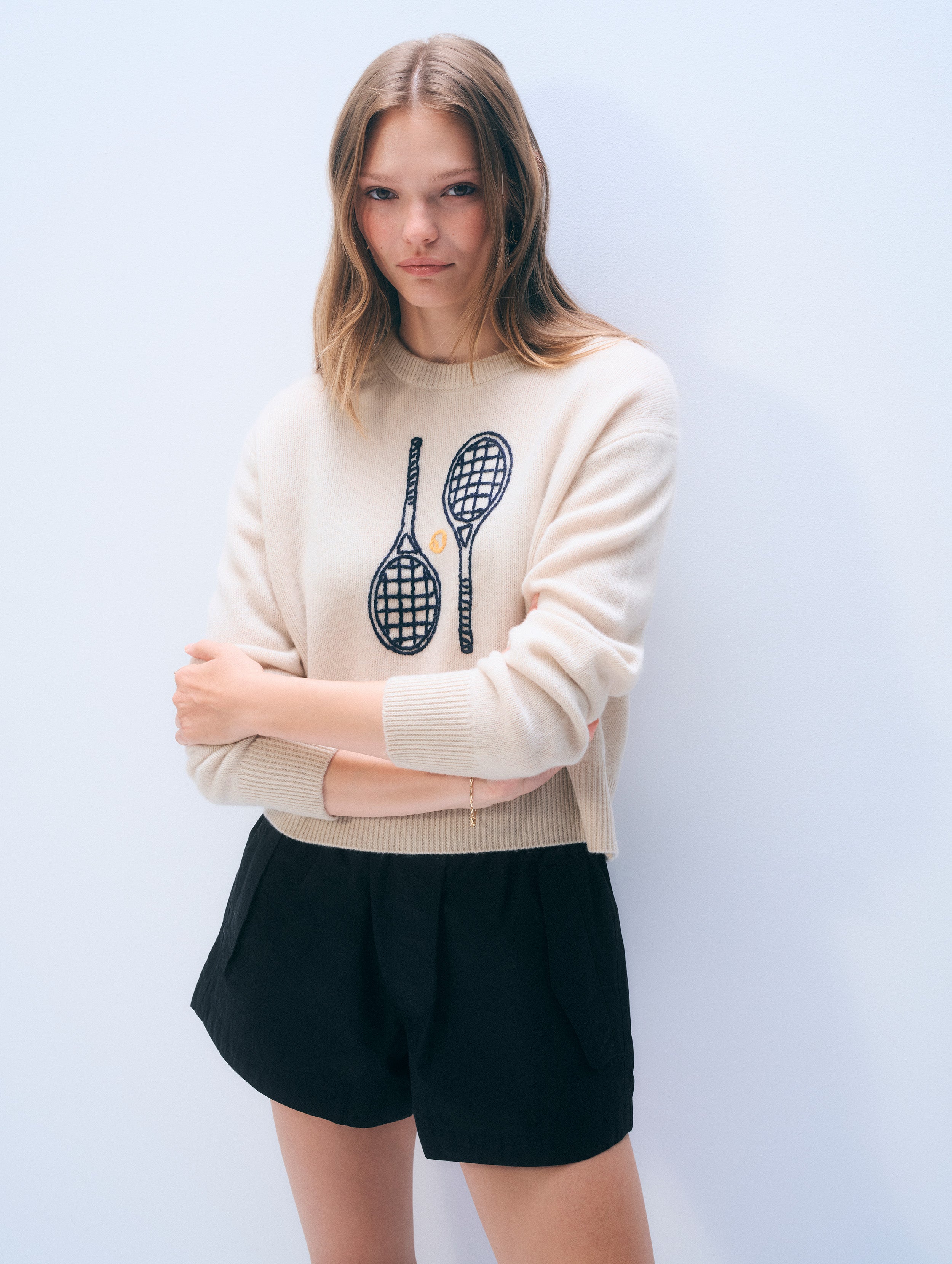 Cashmere Tennis Embroidered Sweatshirt | Soft White Combo