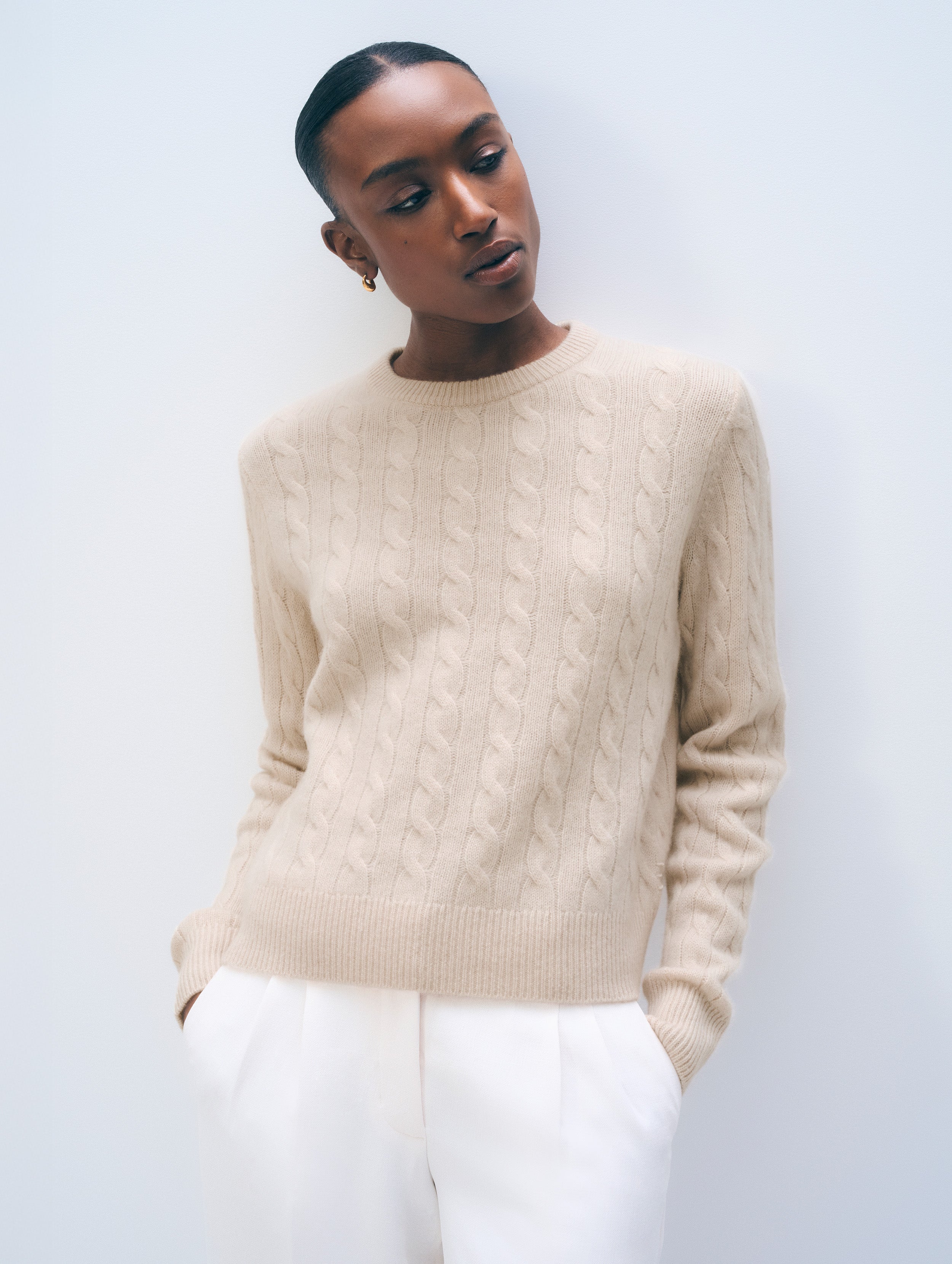 Cashmere Varsity Cable Crewneck | Natural Heather
