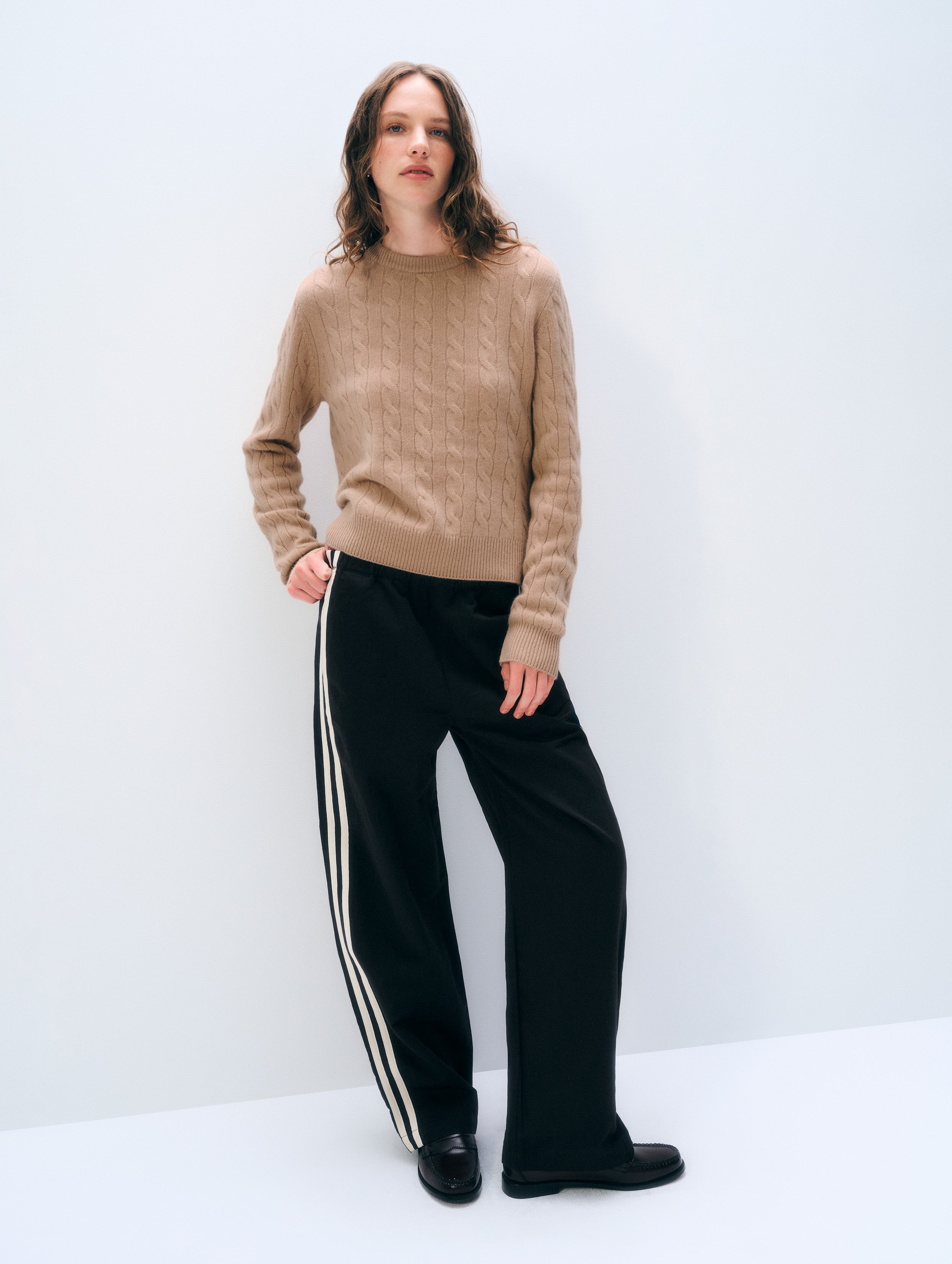 Cashmere Varsity Cable Crewneck | Muted Camel