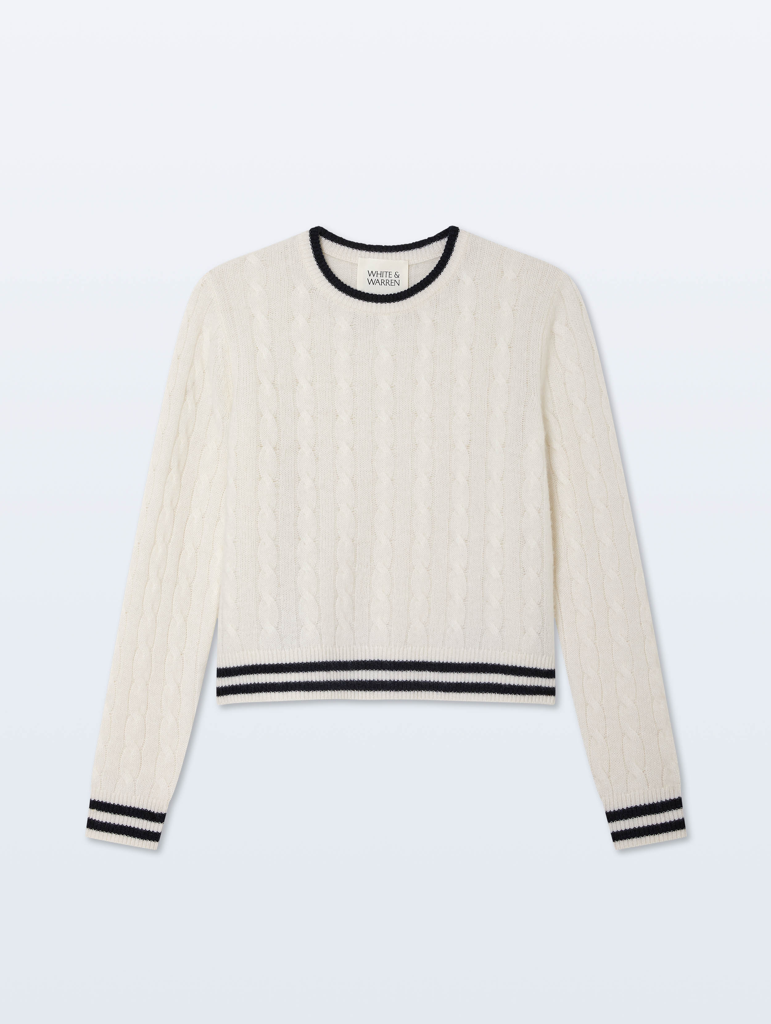 Cashmere Varsity Cable Crewneck | Ivory/Navy