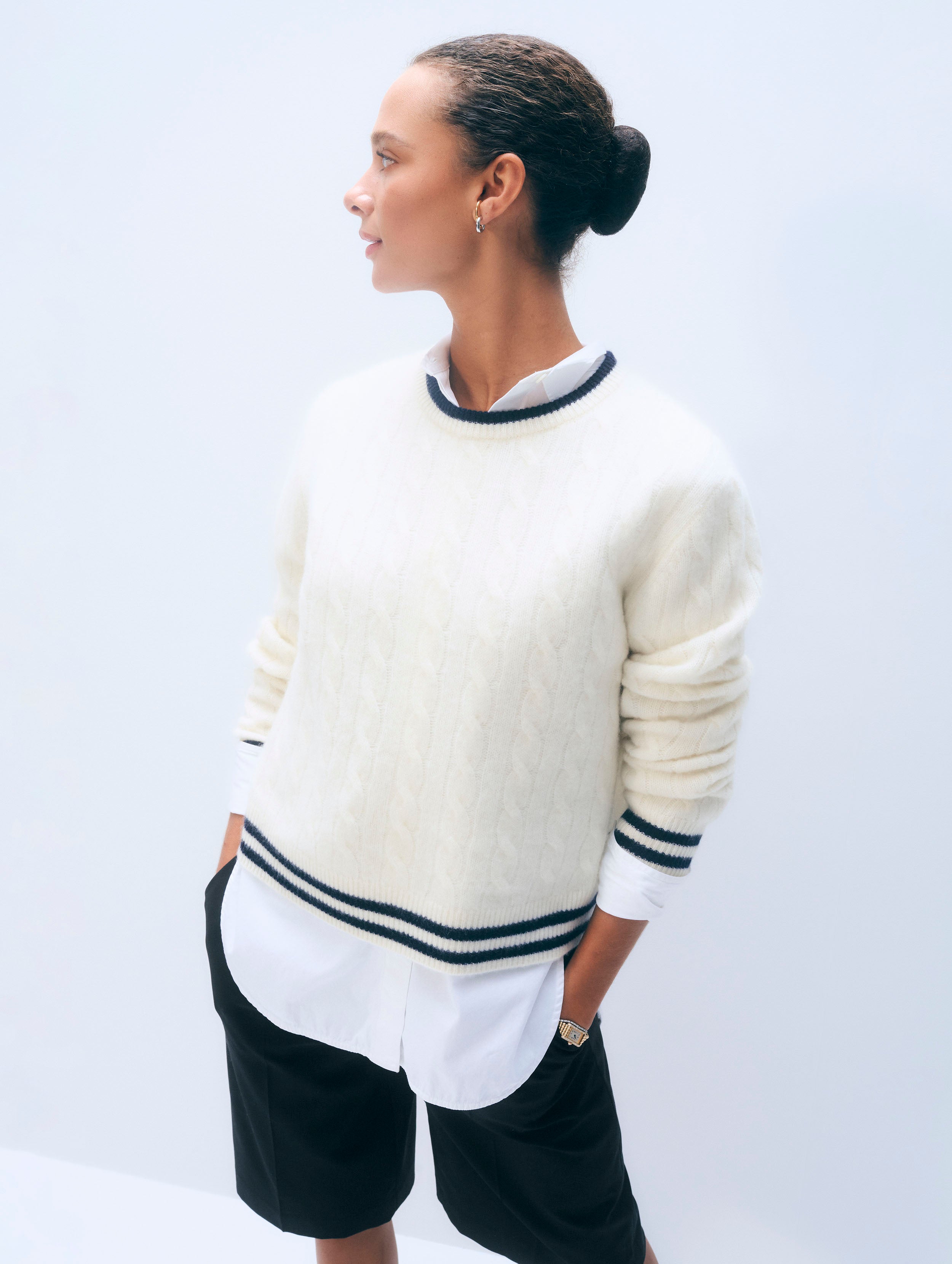 Cashmere Varsity Cable Crewneck | Ivory/Navy