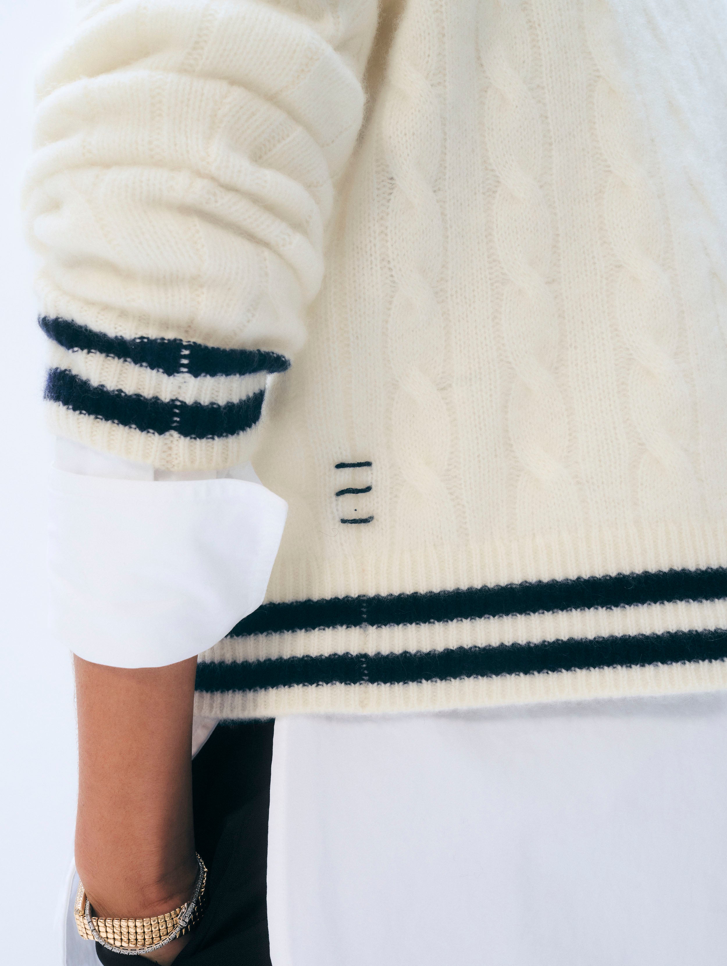 Cashmere Varsity Cable Crewneck | Ivory/Navy