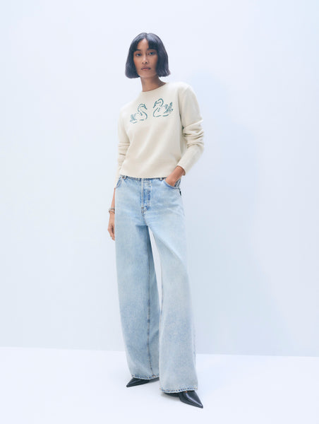 Cashmere Blend Embroidered Swan Sweater | Ivory/Ivy Green