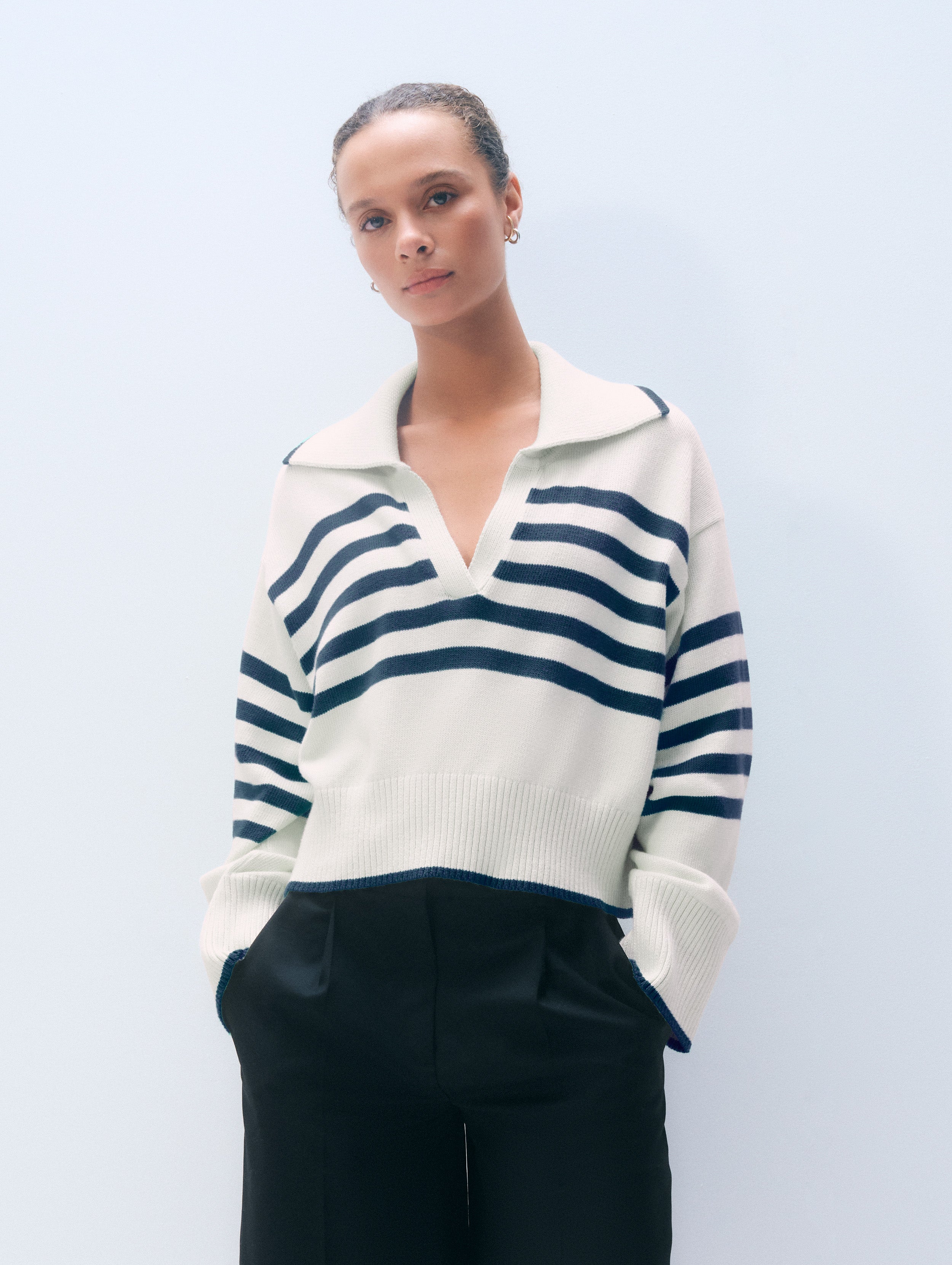 Varsity Cotton Stripe Polo | Ivory/Navy
