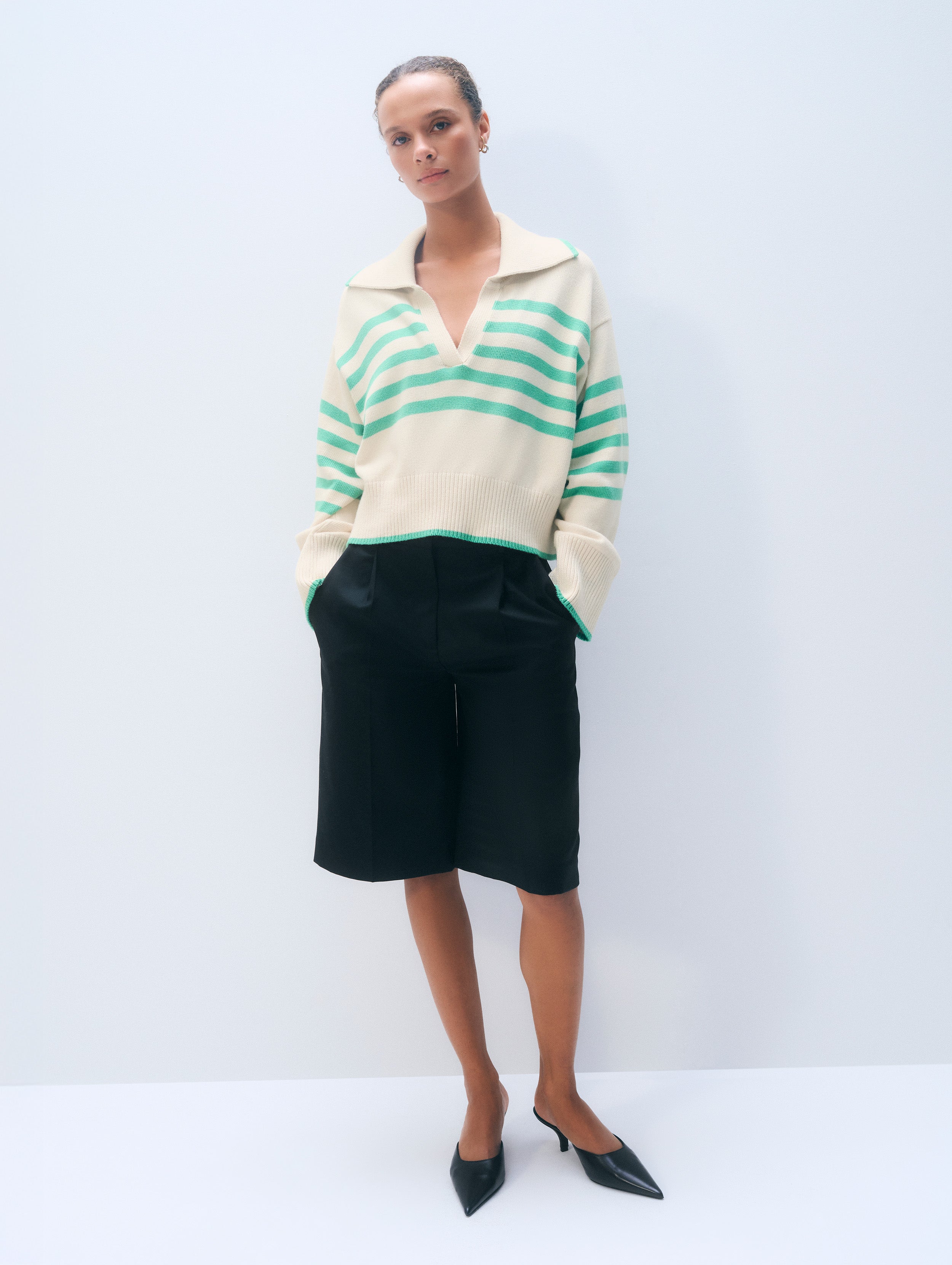 Varsity Cotton Striped Polo | Ivory / Retro Green