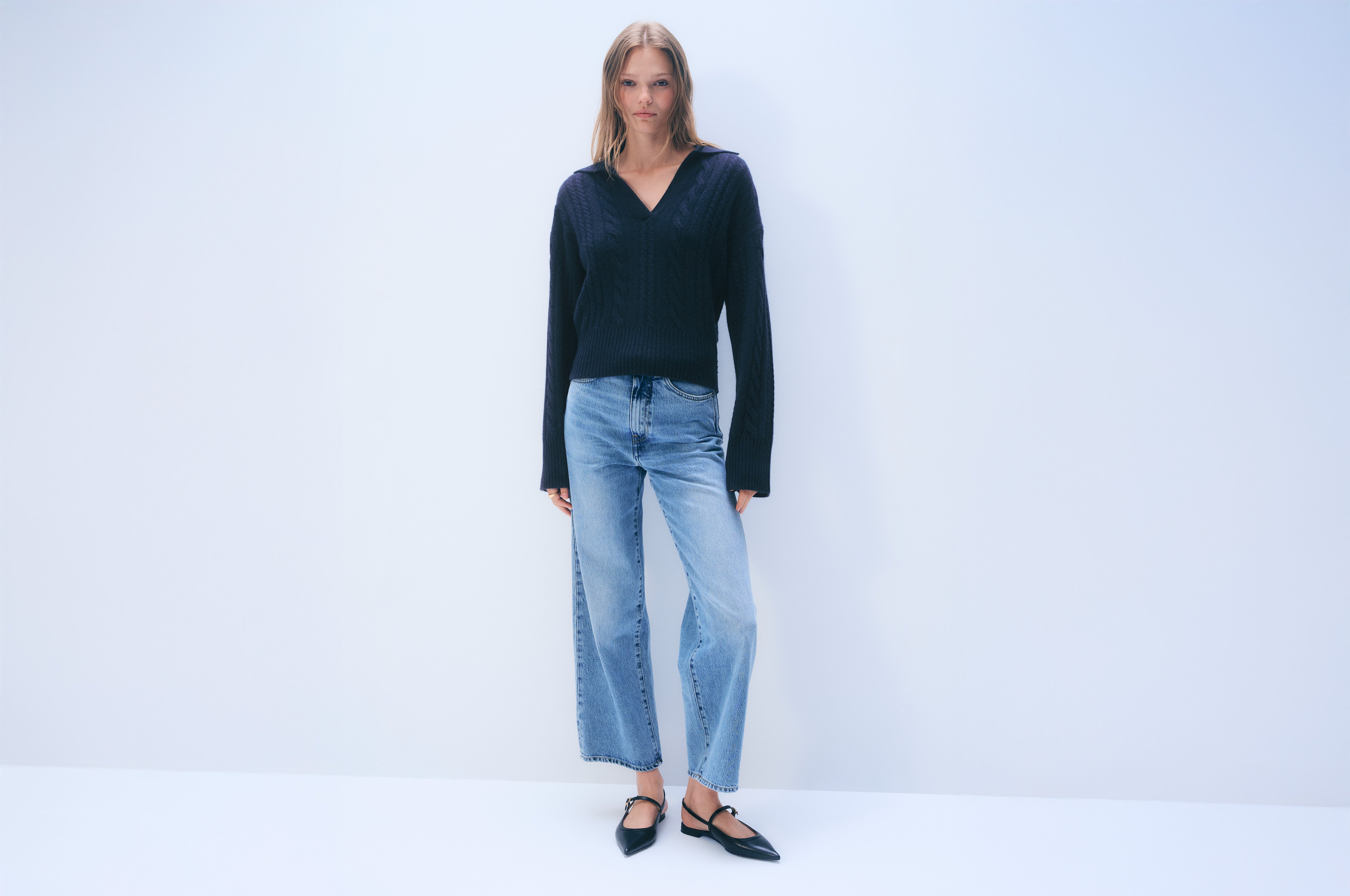 Cashmere Cable Long Sleeve Polo | Deep Navy