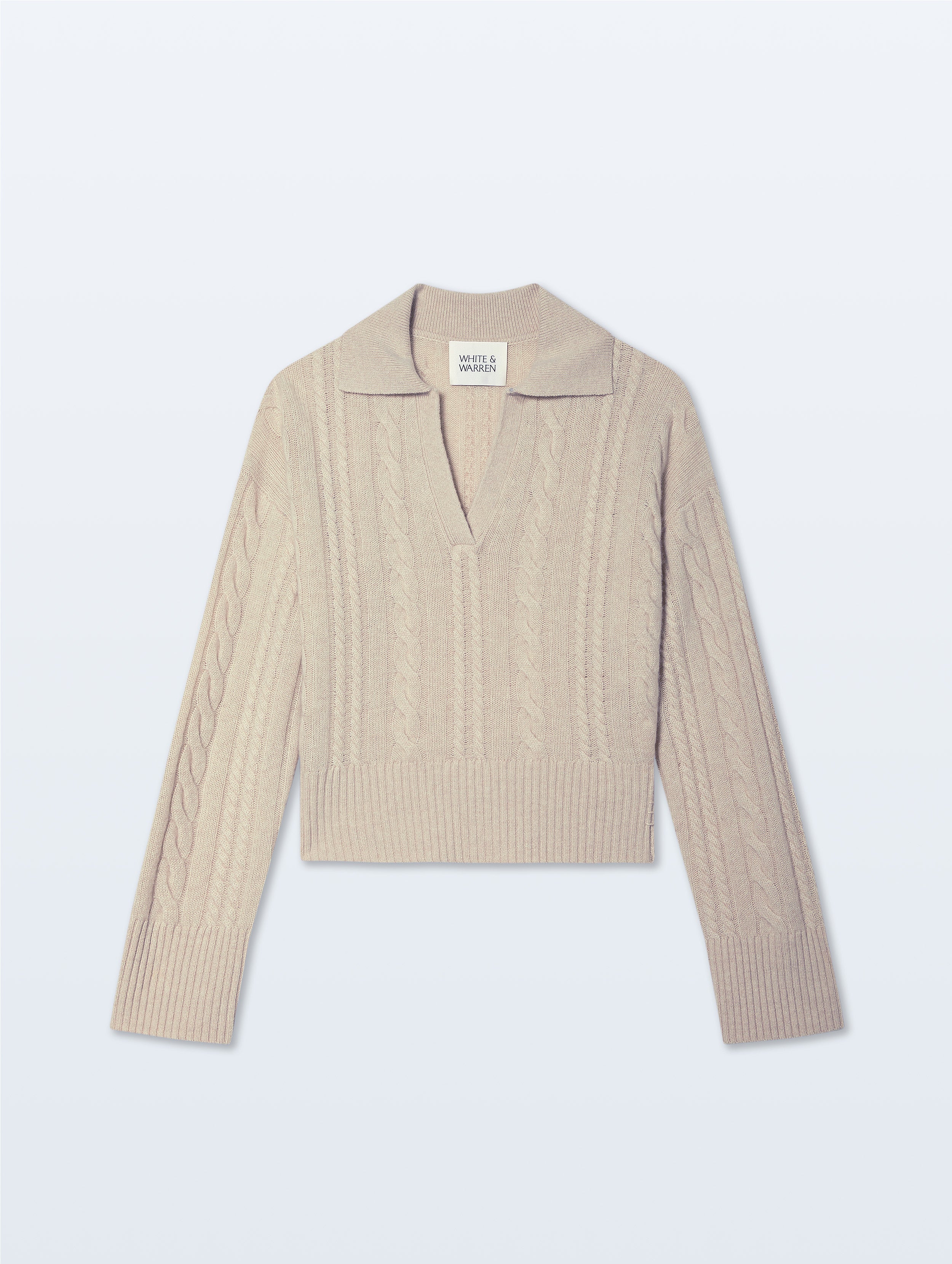 Cashmere Cable Long Sleeve Polo | Natural Heather