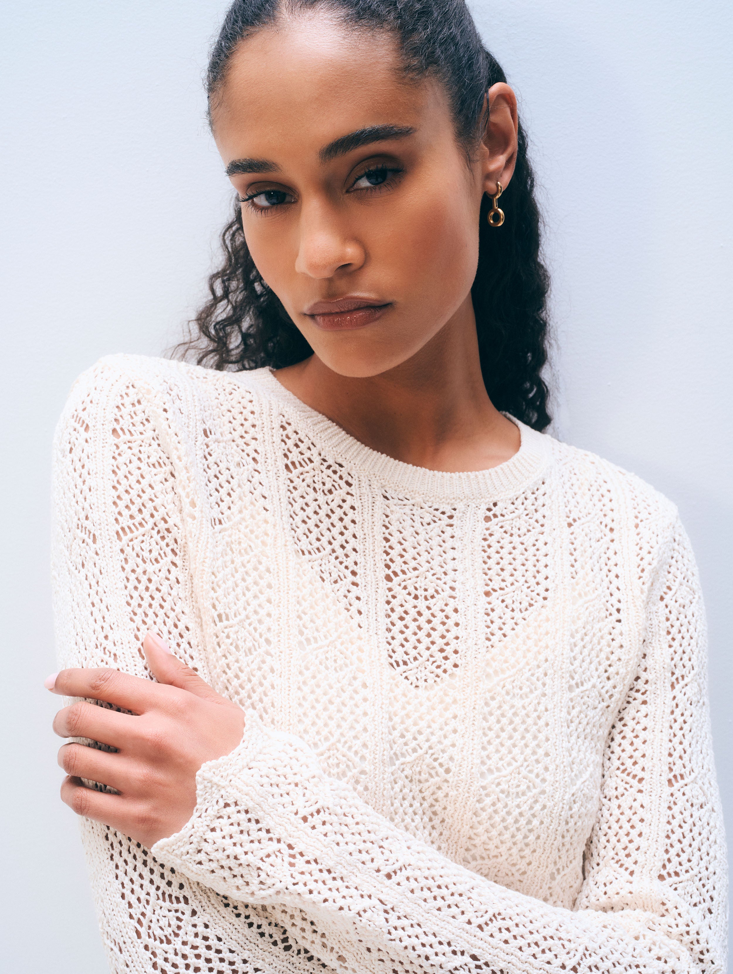 Cotton Pointelle Crewneck | Cream