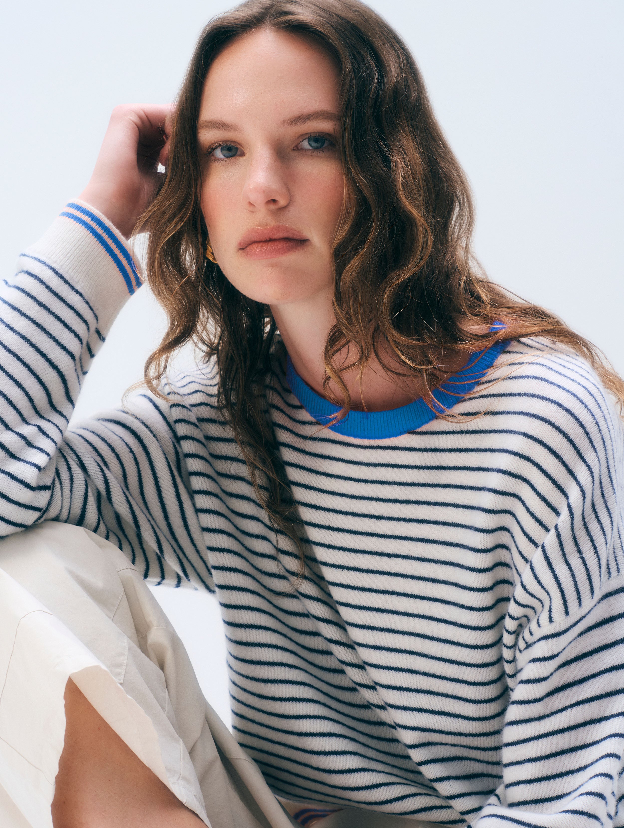 Cashmere Striped Crewneck | Soft White/Deep Navy/Bright Azure