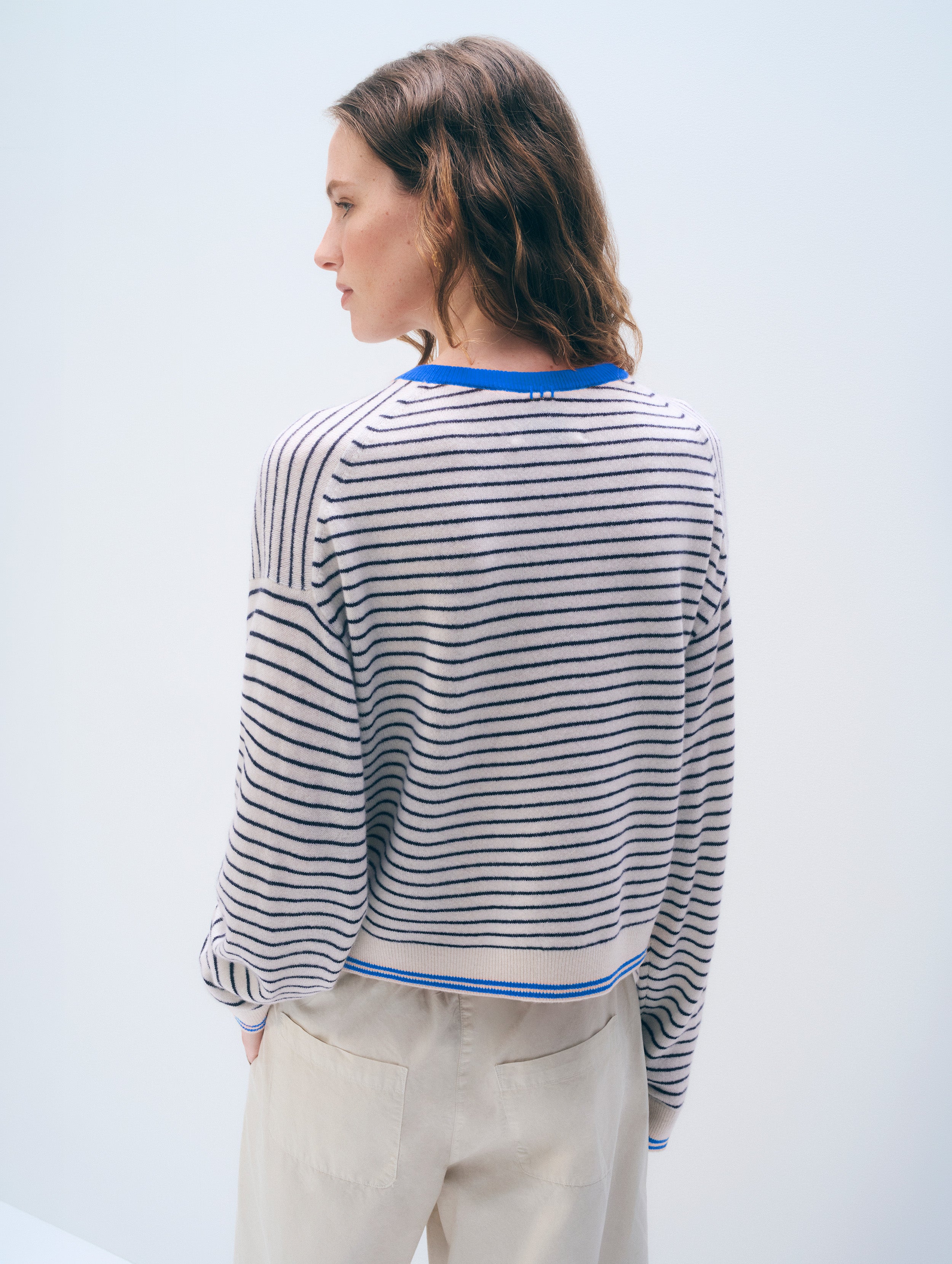 Cashmere Striped Crewneck | Soft White/Deep Navy/Bright Azure