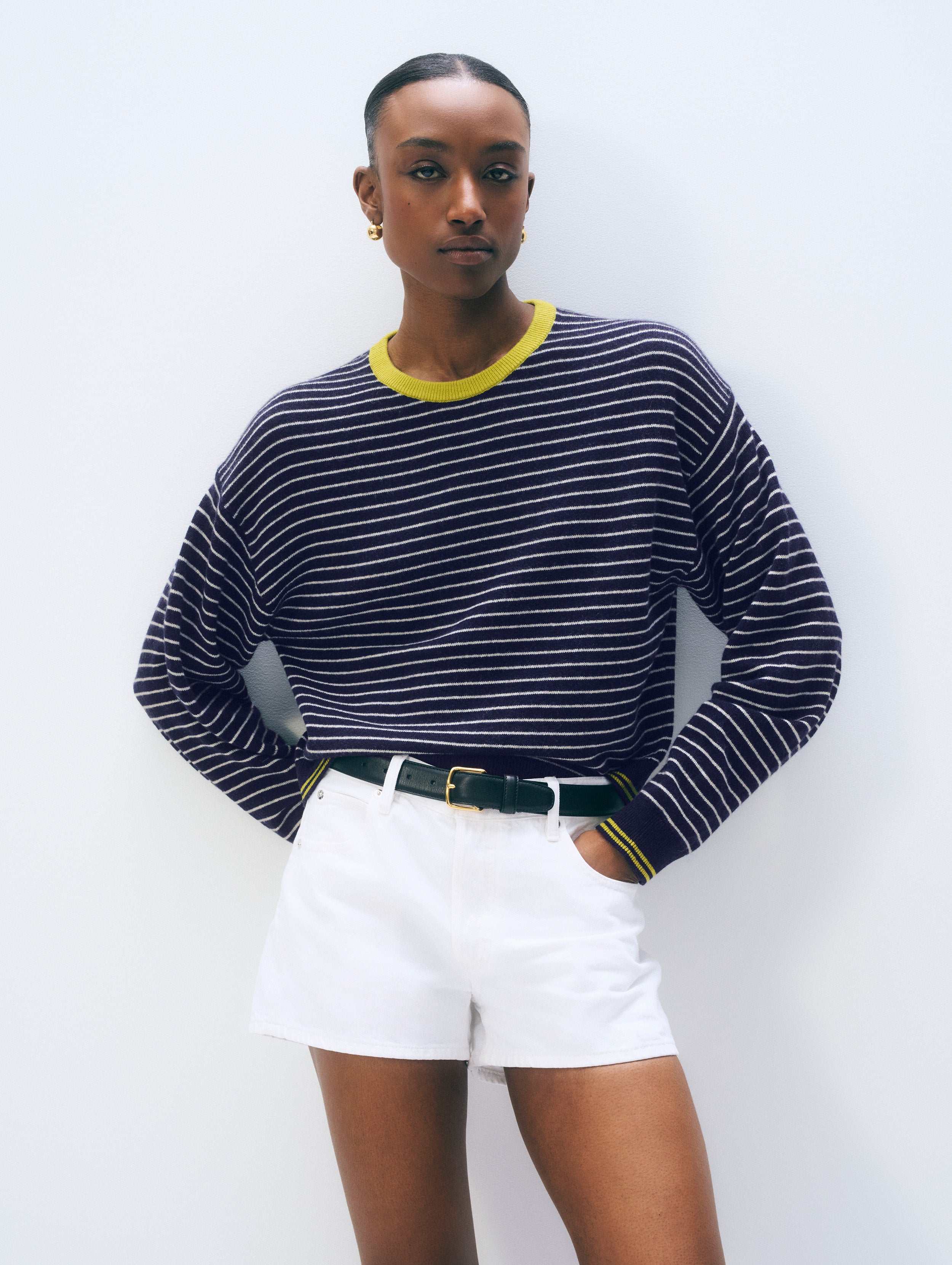 Cashmere Striped Crewneck | Deep Navy/Soft White/Citronelle