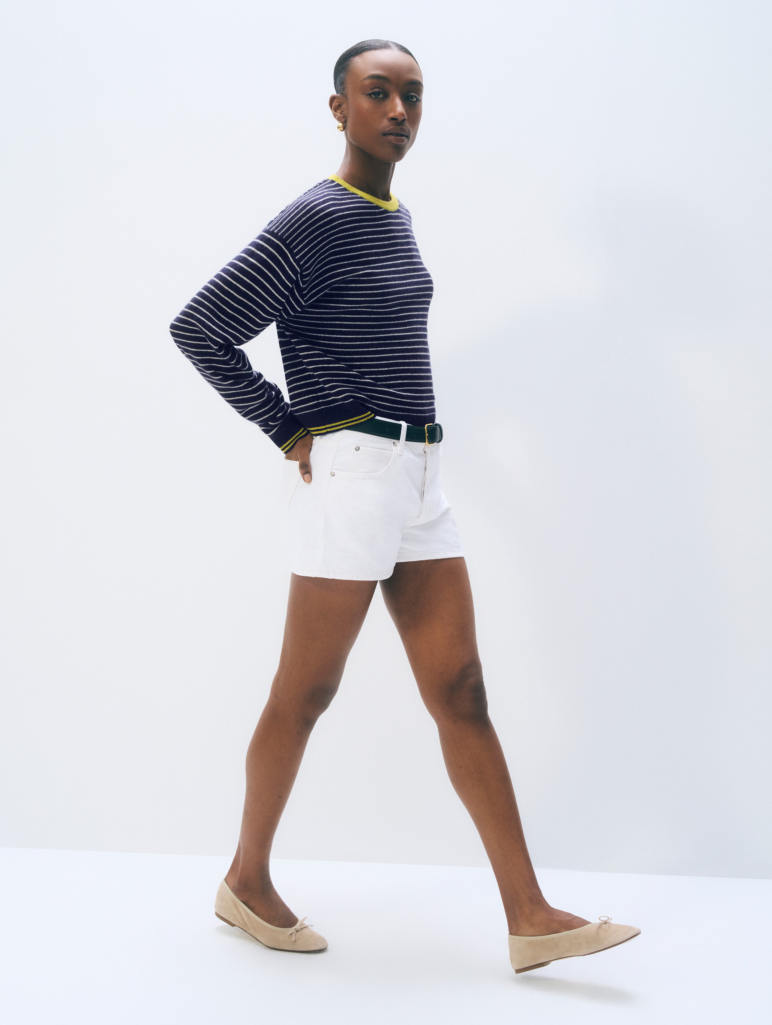 Cashmere Striped Crewneck | Deep Navy/Soft White/Citronelle