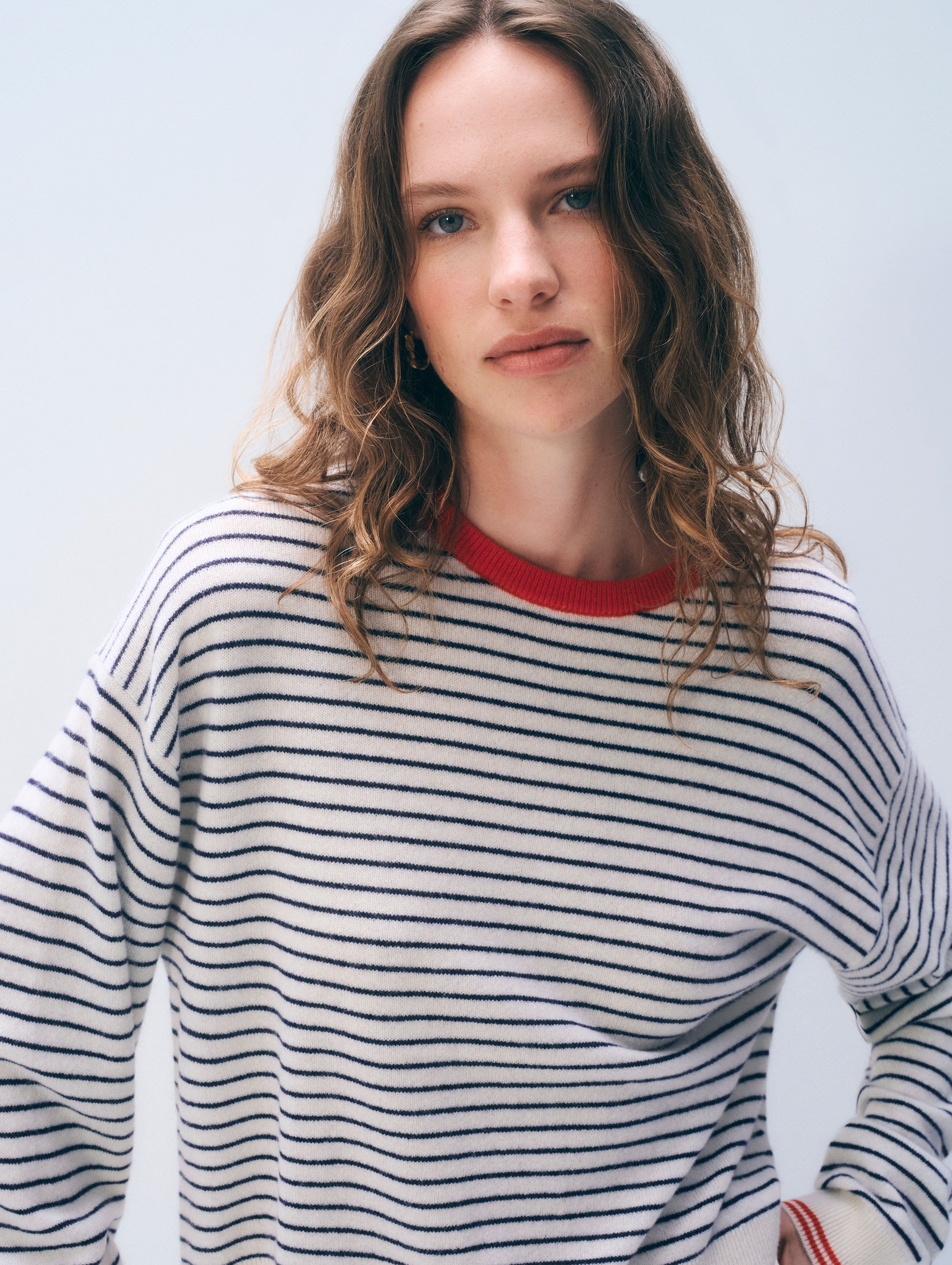 Cashmere Striped Crewneck | Soft White/Deep Navy/Red