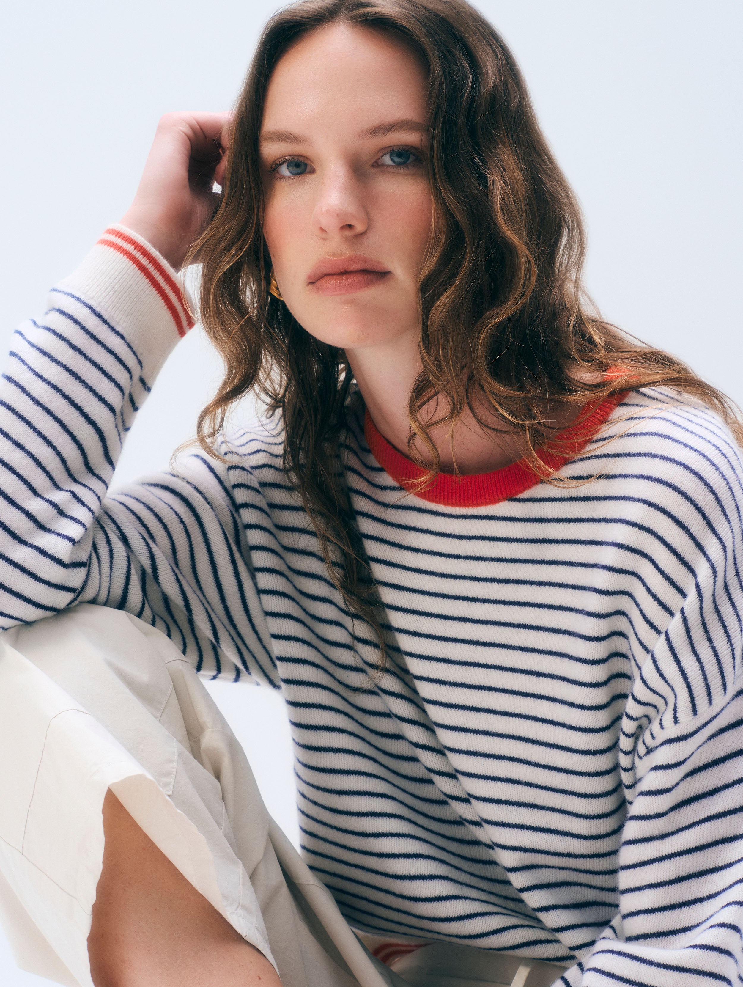 Cashmere Striped Crewneck | Soft White/Deep Navy/Red