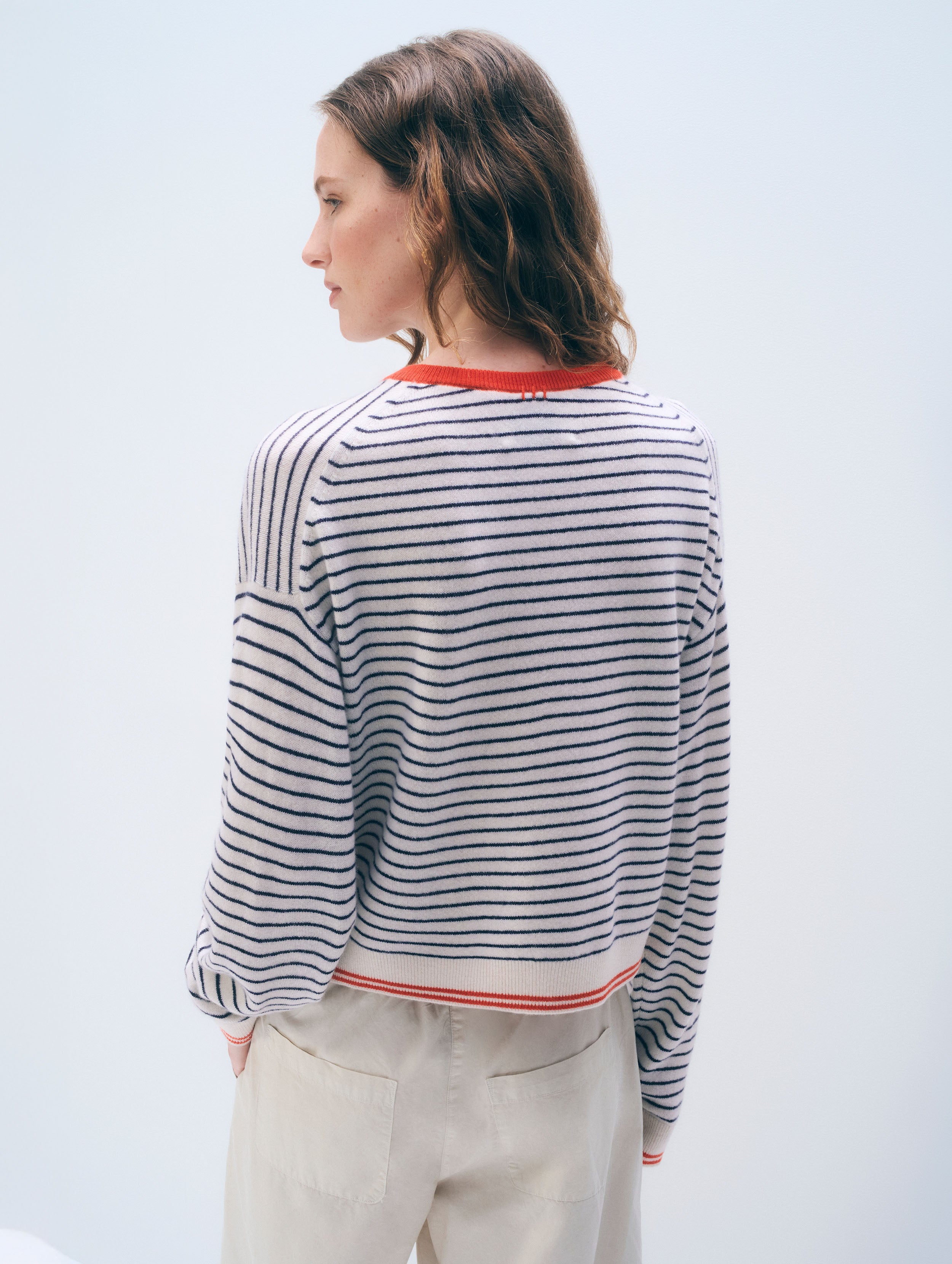 Cashmere Striped Crewneck | Soft White/Deep Navy/Red