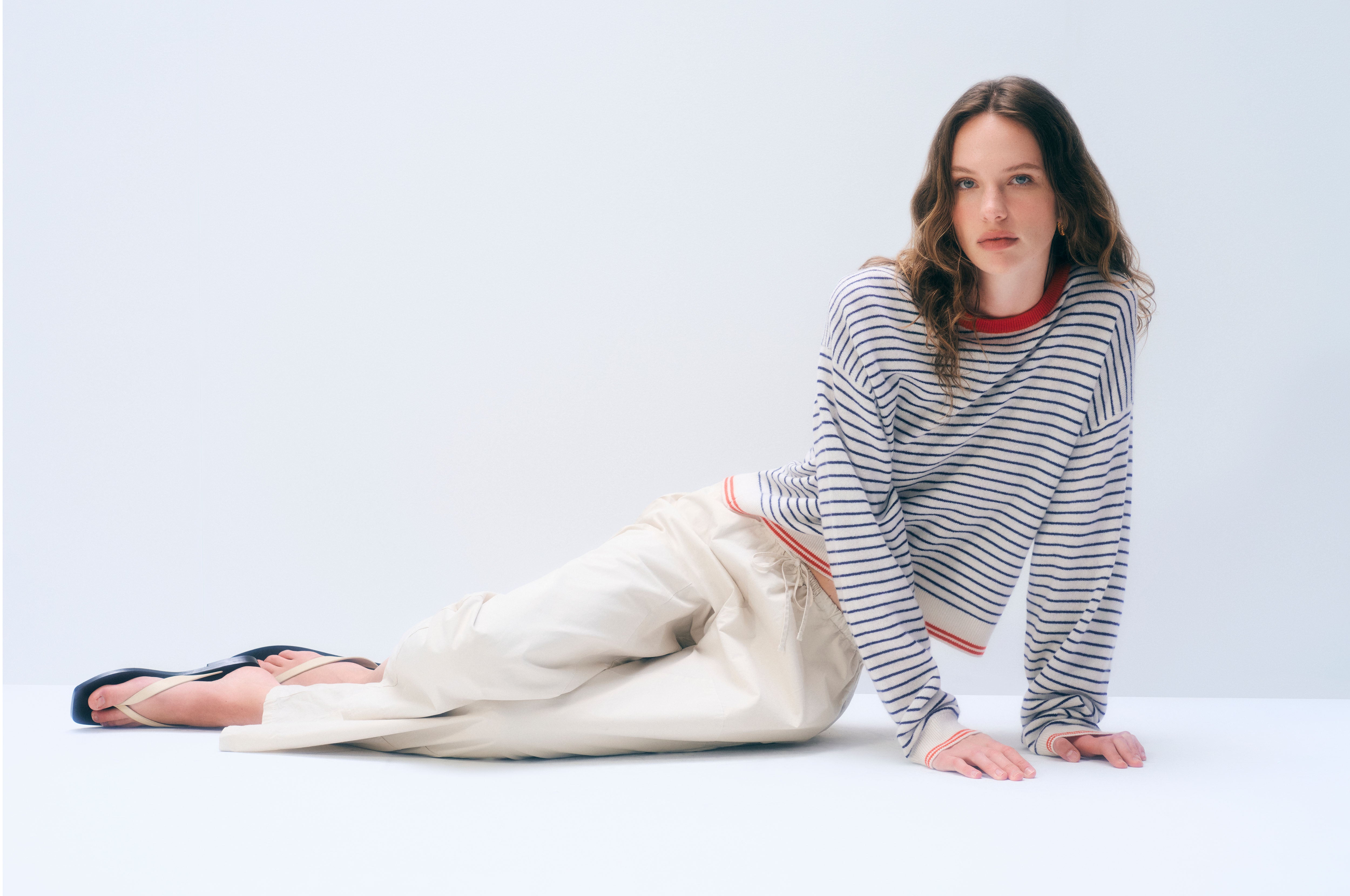 Cashmere Striped Crewneck | Soft White/Deep Navy/Red