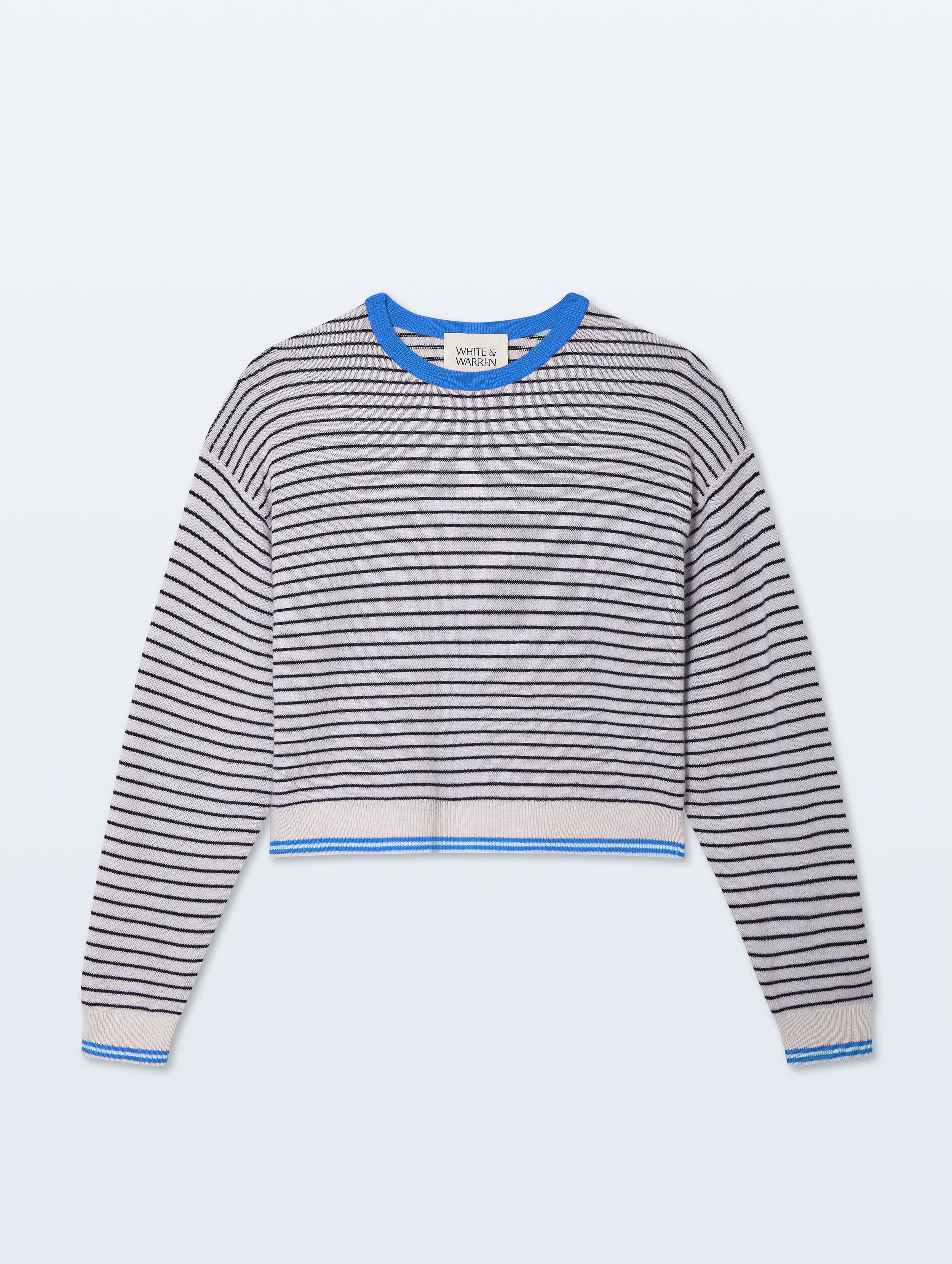 Cashmere Striped Crewneck | Soft White/Deep Navy/Bright Azure