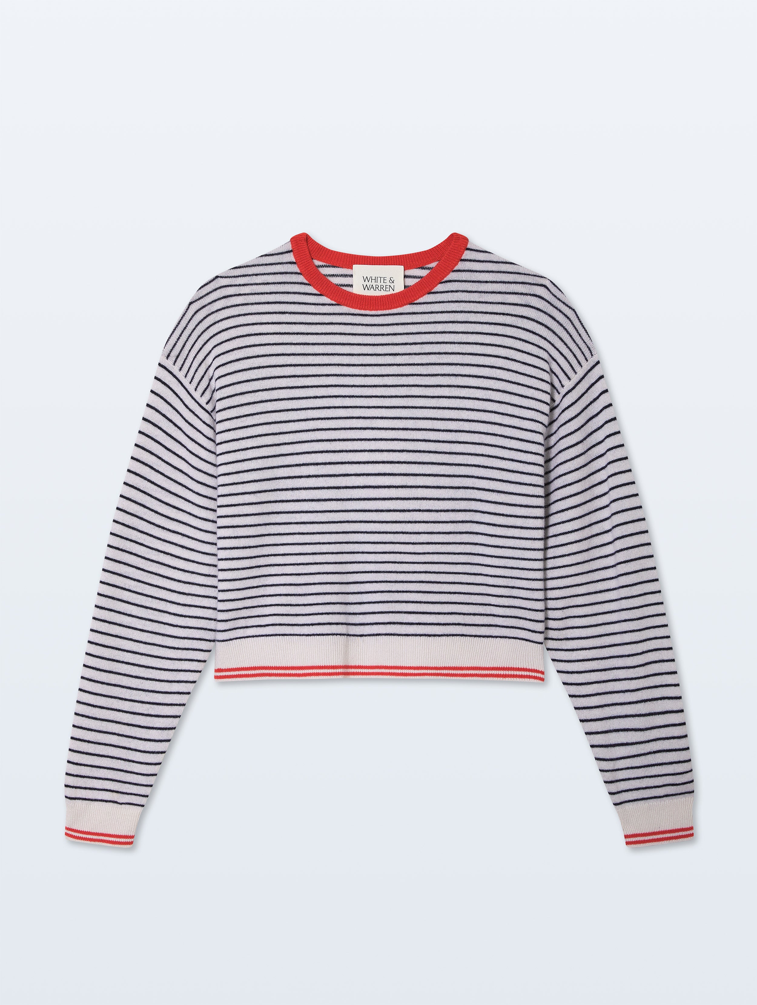 Cashmere Striped Crewneck | Soft White/Deep Navy/Red