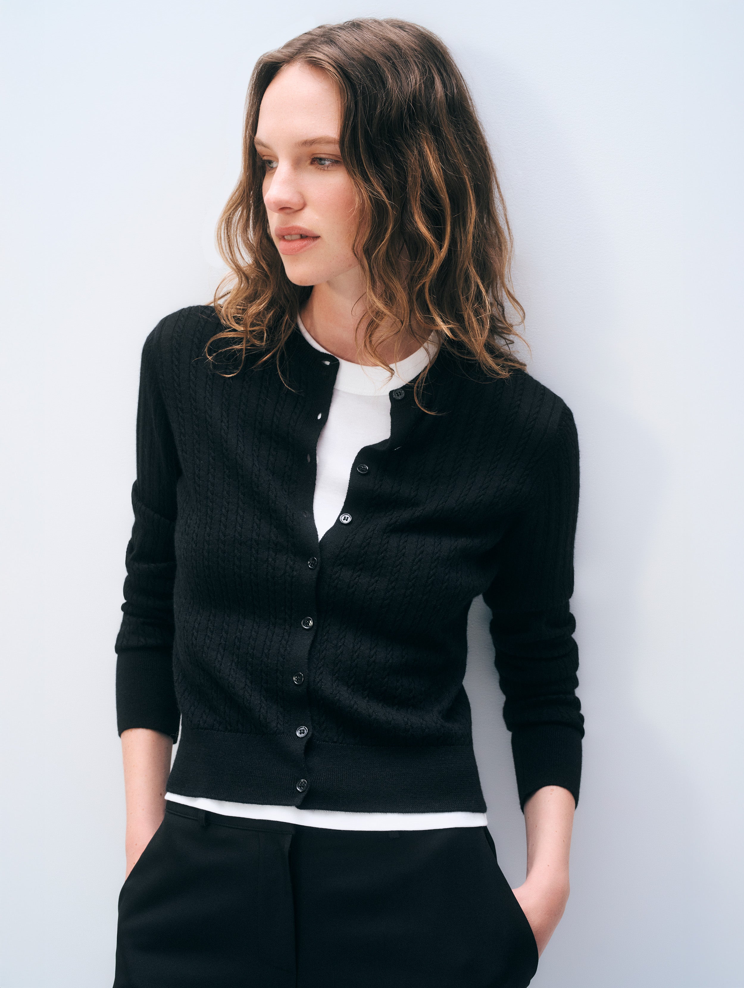 Cashmere Linen Fine Cable Cardigan | Black