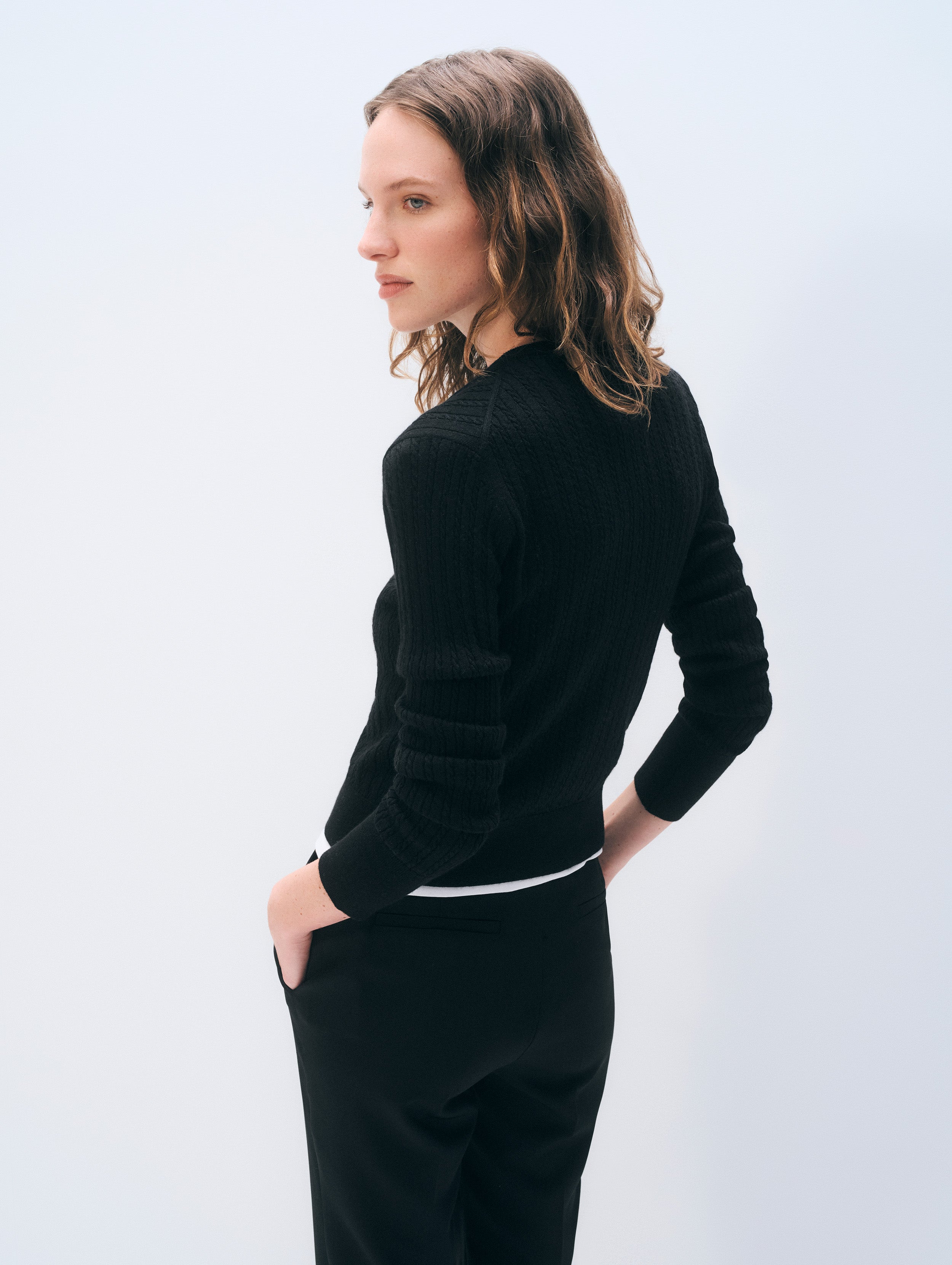 Cashmere Linen Fine Cable Cardigan | Black