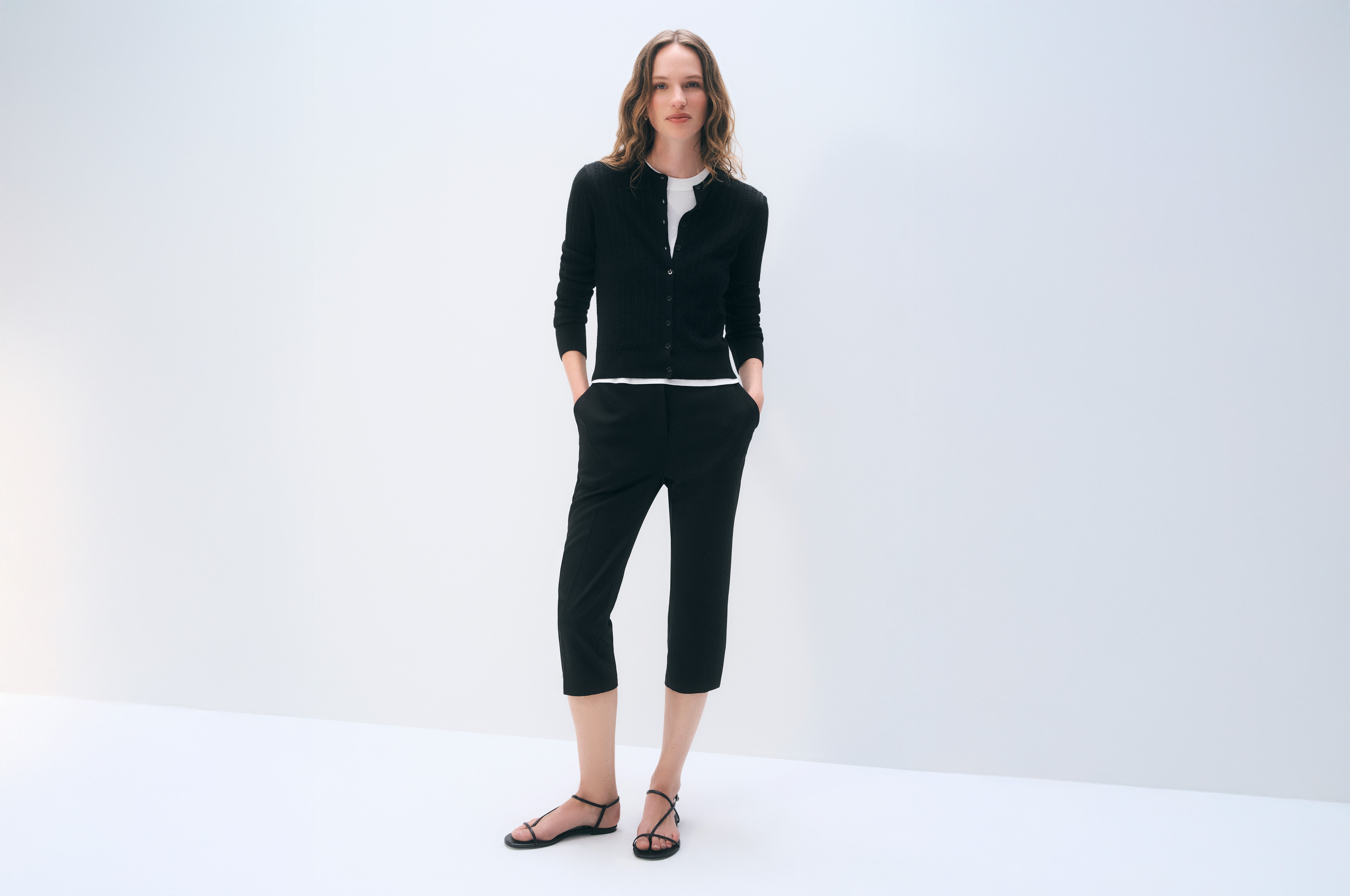 Cashmere Linen Fine Cable Cardigan | Black