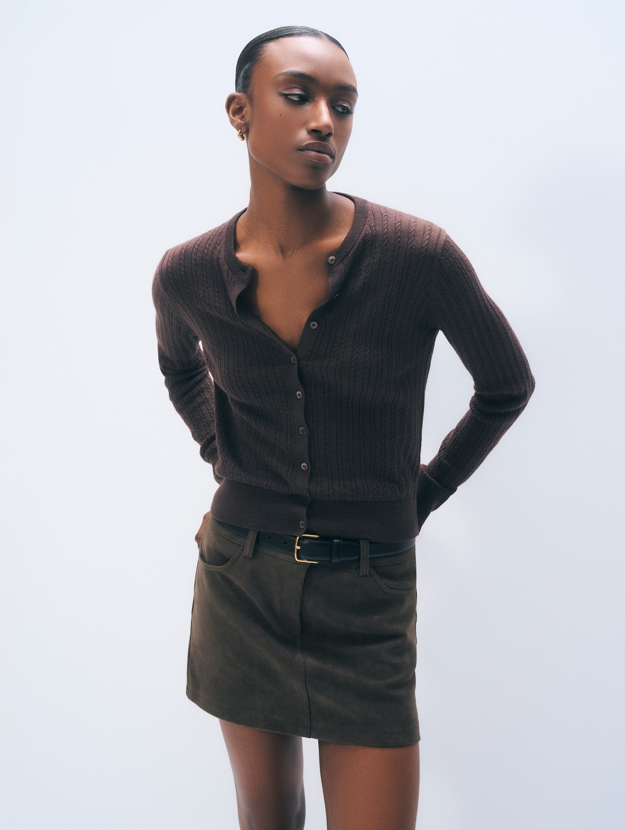 Cashmere Linen Fine Cable Cardigan | Dark Espresso