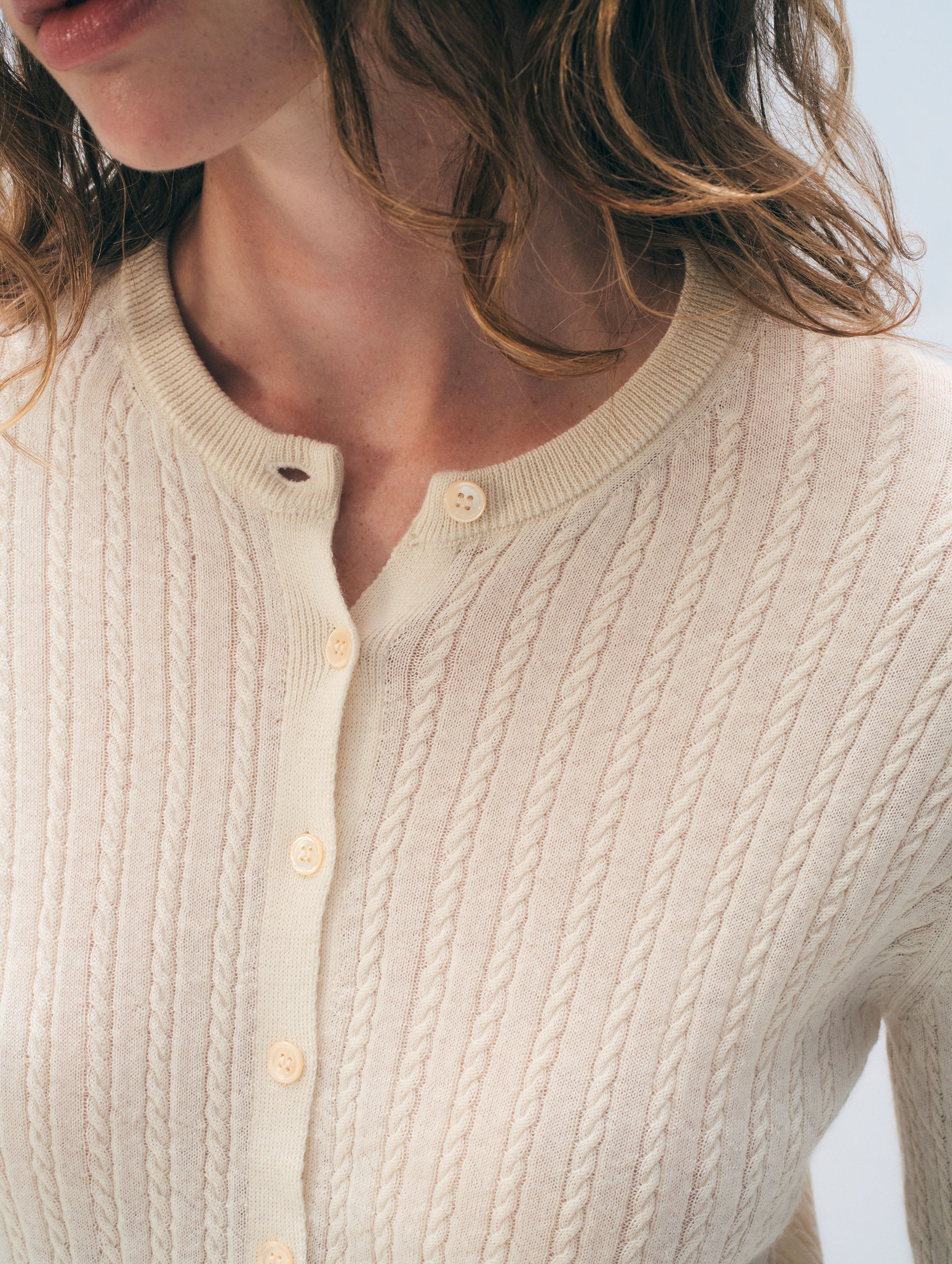 Cashmere Linen Fine Cable Cardigan | Ivory