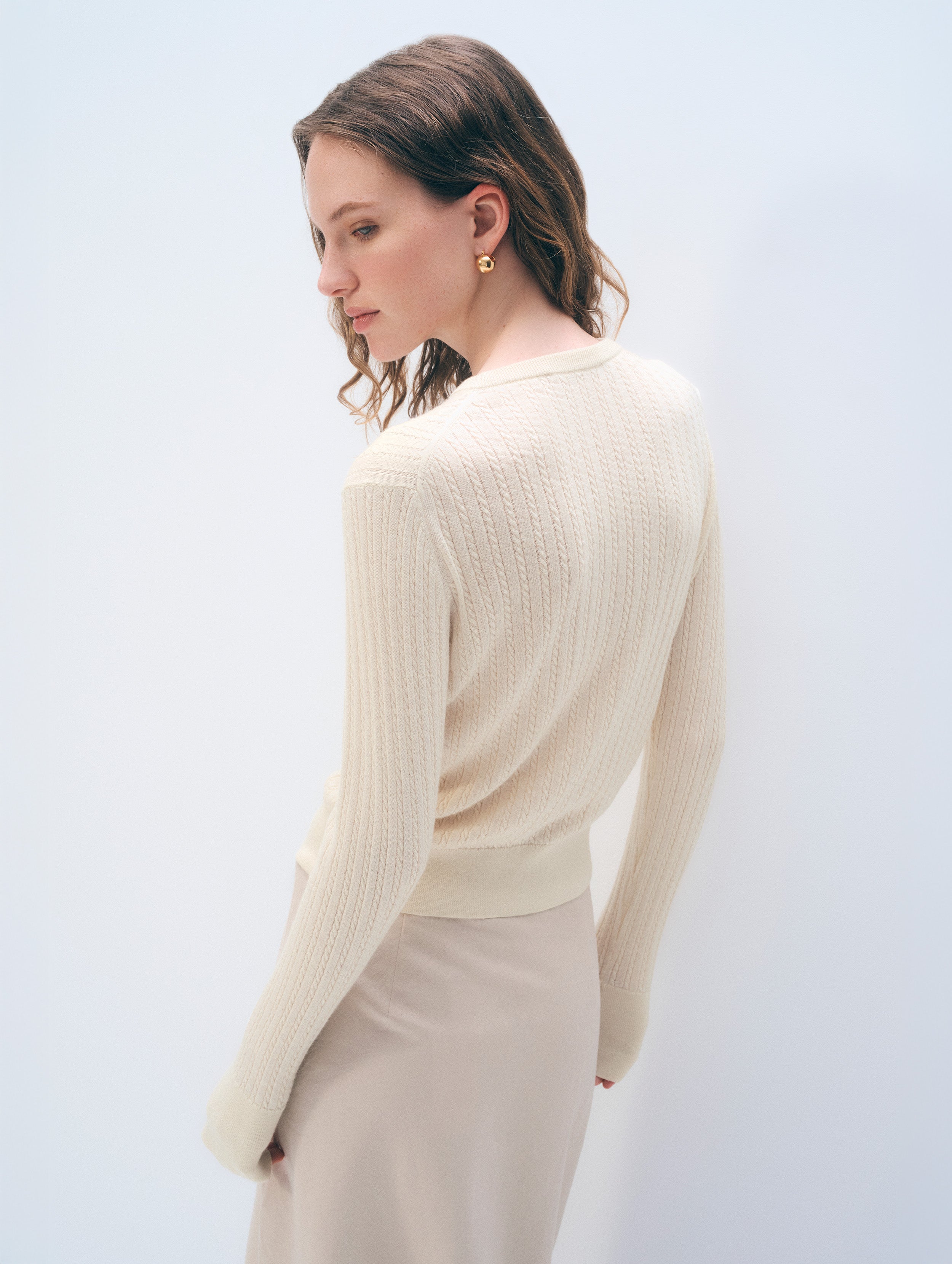 Cashmere Linen Fine Cable Cardigan | Ivory