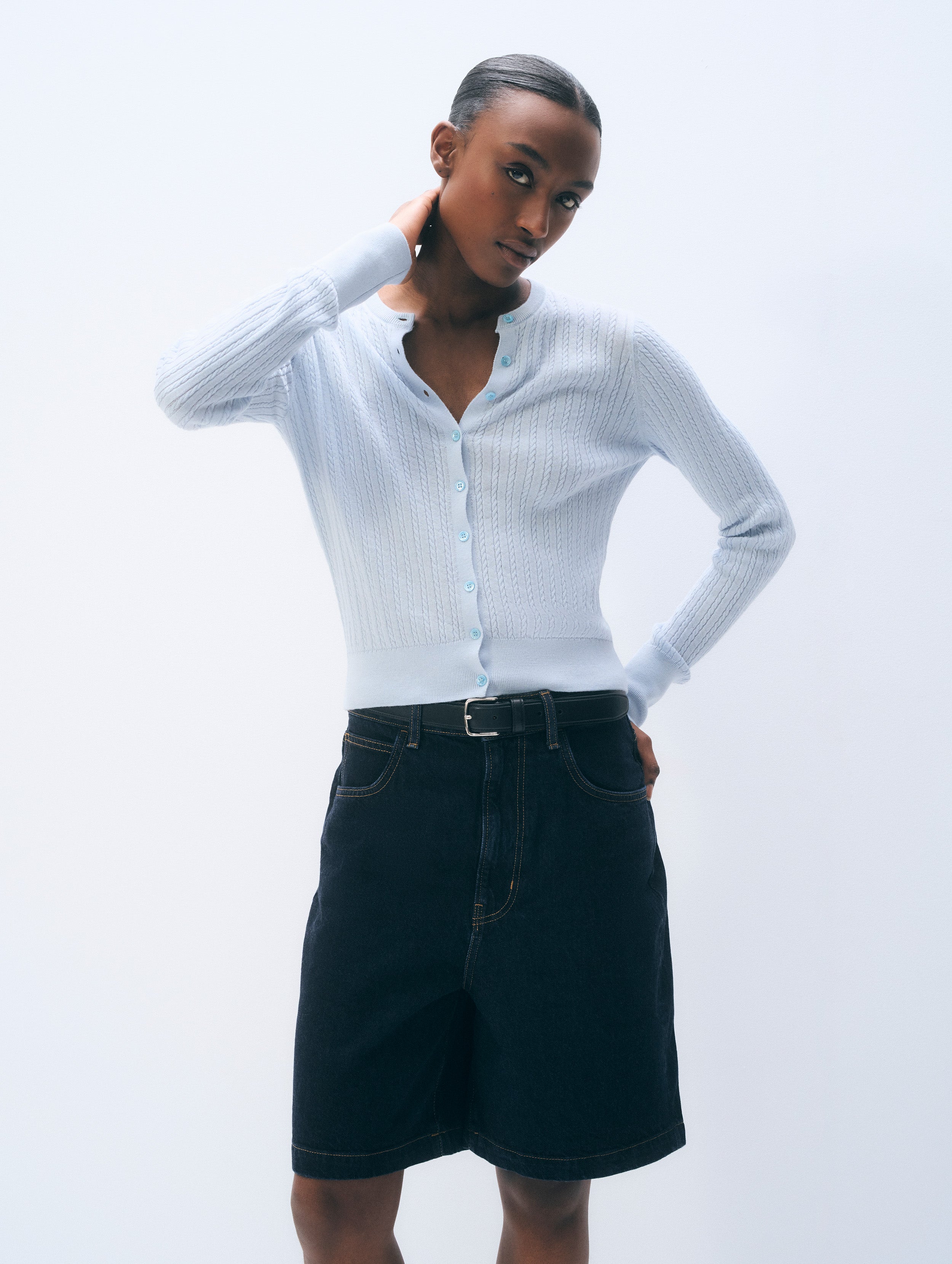 Cashmere Linen Fine Cable Cardigan | Pastel Blue