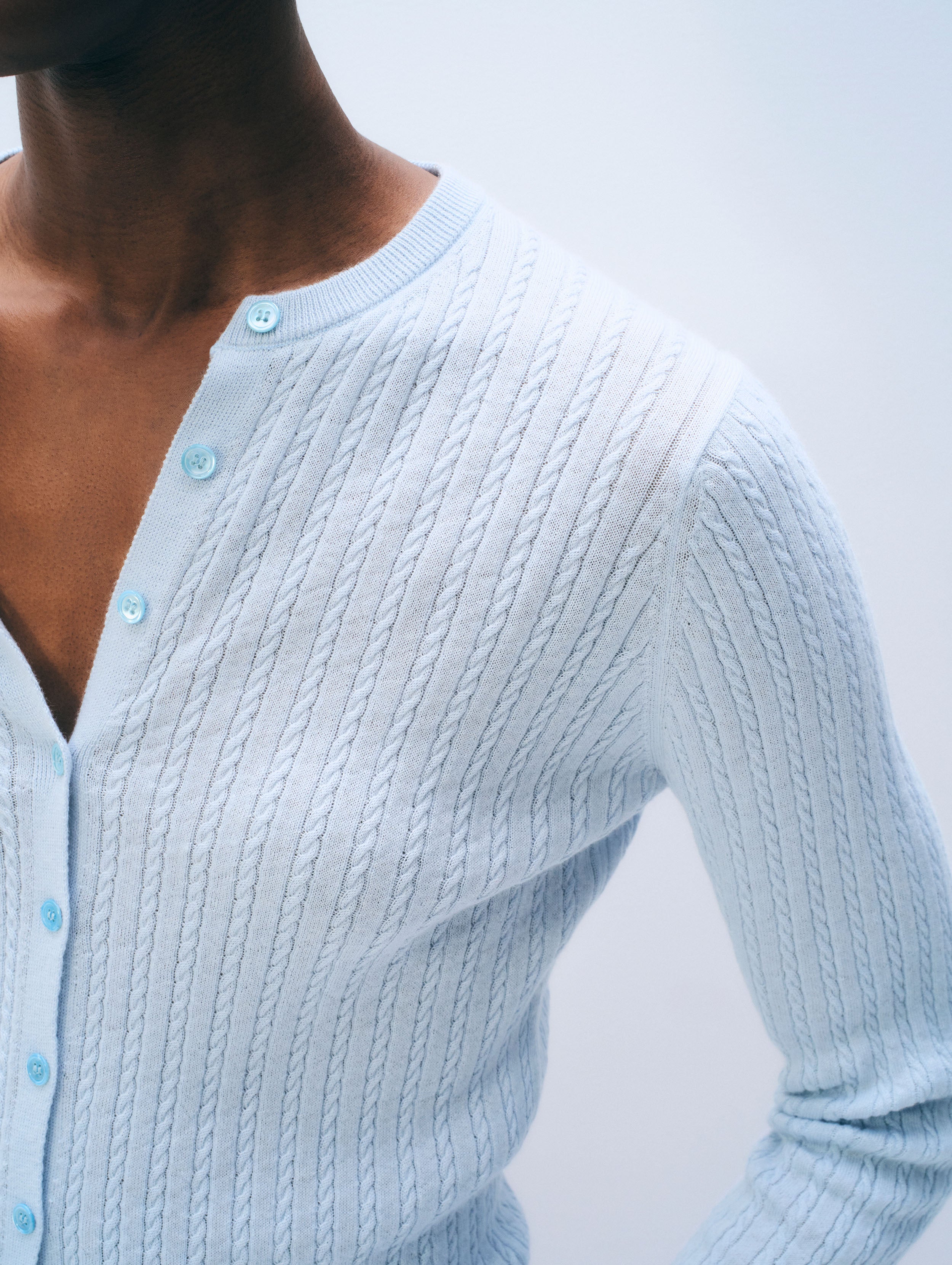 Cashmere Linen Fine Cable Cardigan | Pastel Blue