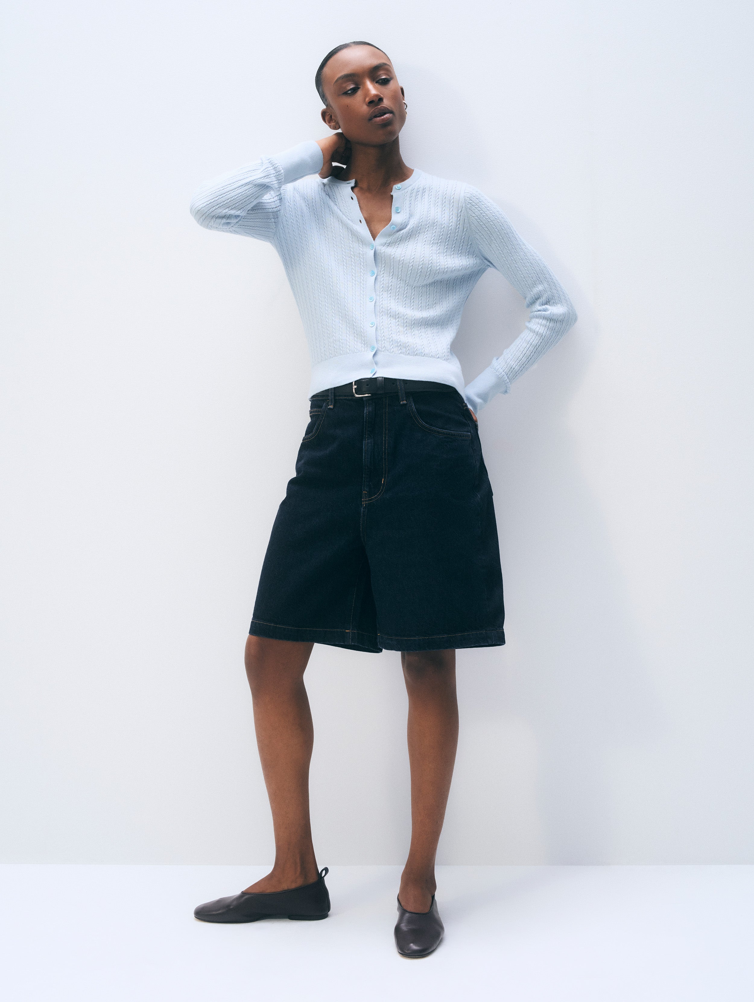 Cashmere Linen Fine Cable Cardigan | Pastel Blue