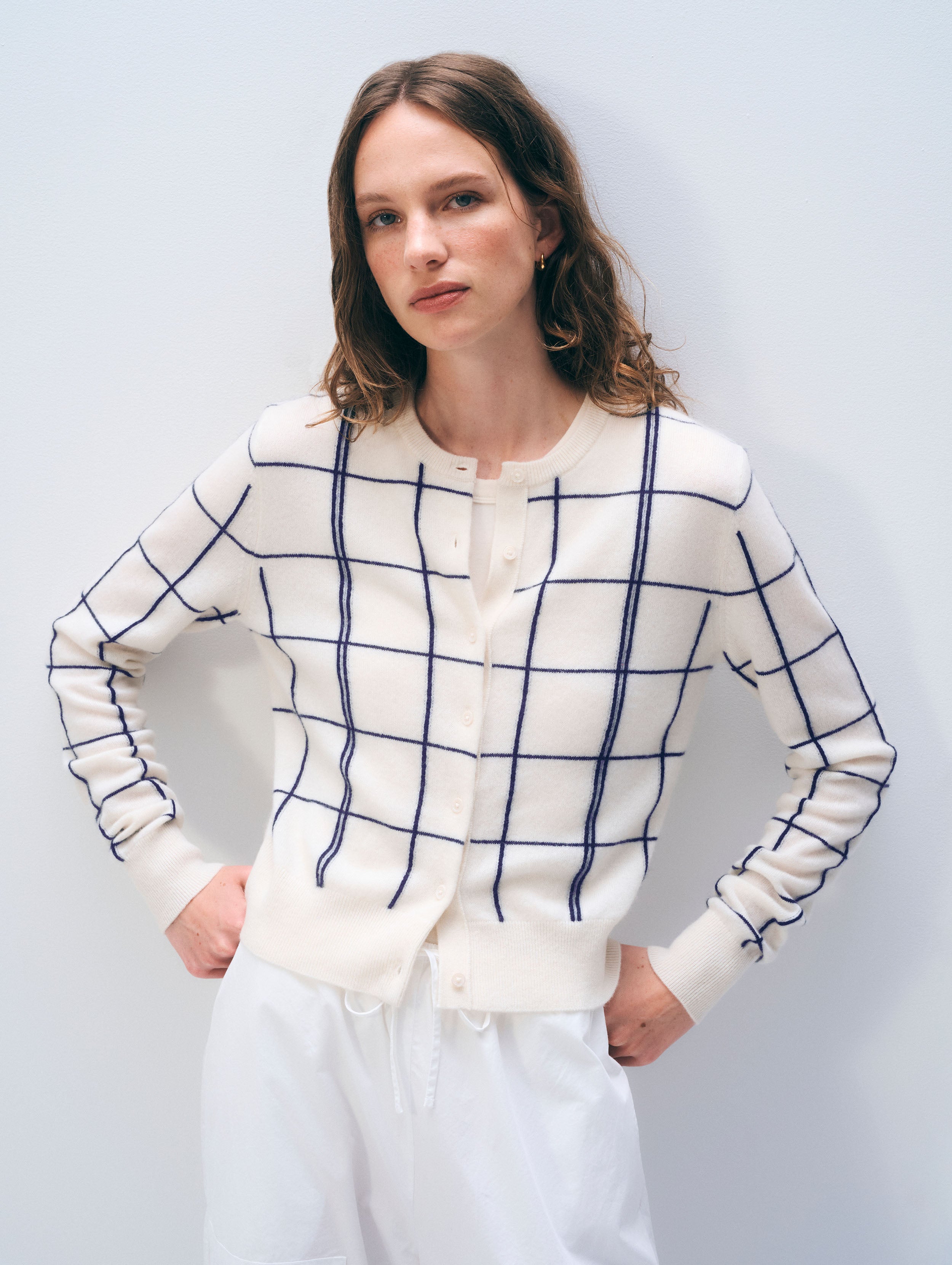 Cashmere Windowpane Cardigan | Soft White