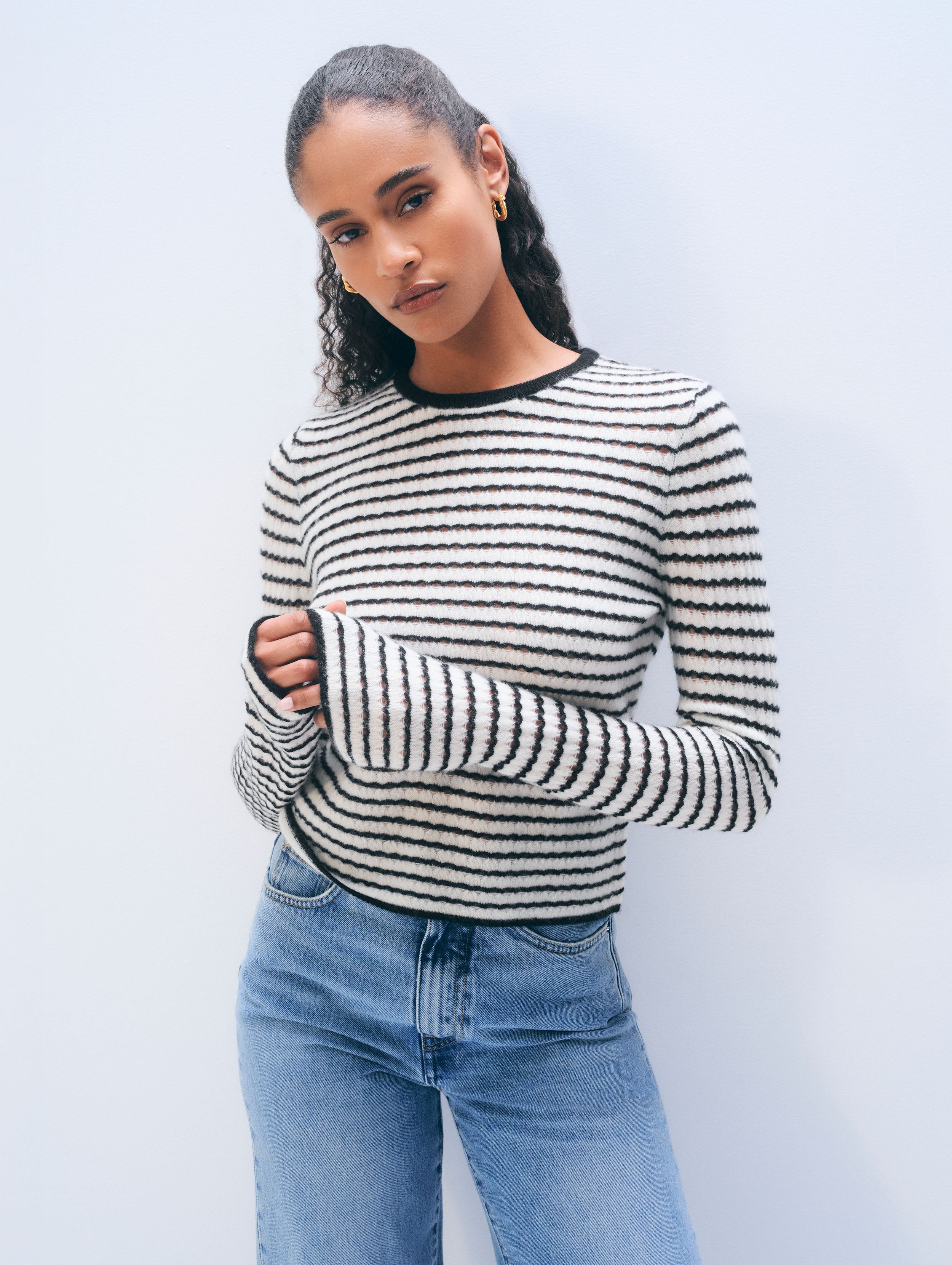 Cashmere Striped Long Sleeve Top | Soft White / Black