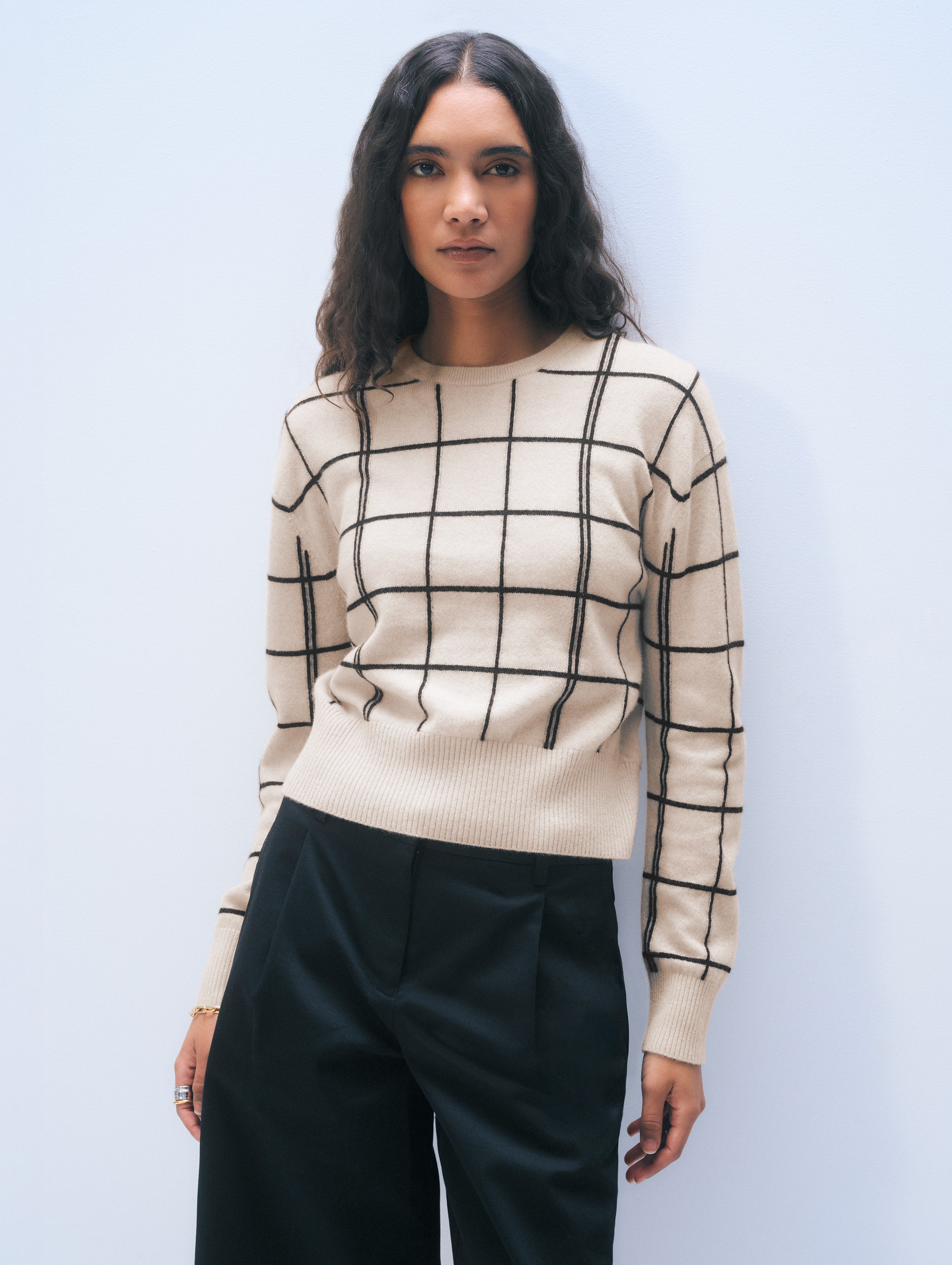 Cashmere Windowpane Crewneck | Natural Heather