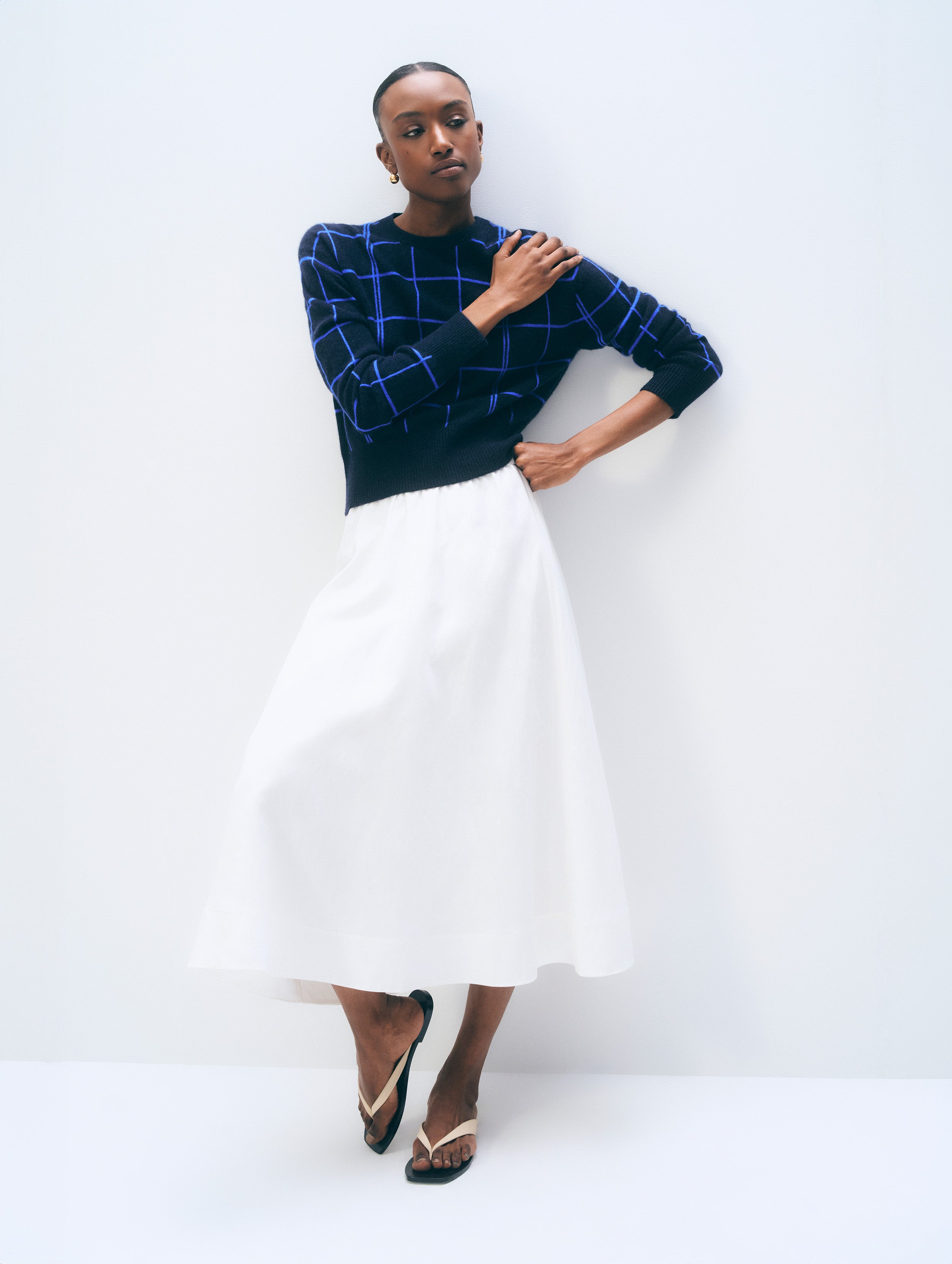 Cashmere Windowpane Crewneck | Deep Navy/ Cobalt Blue