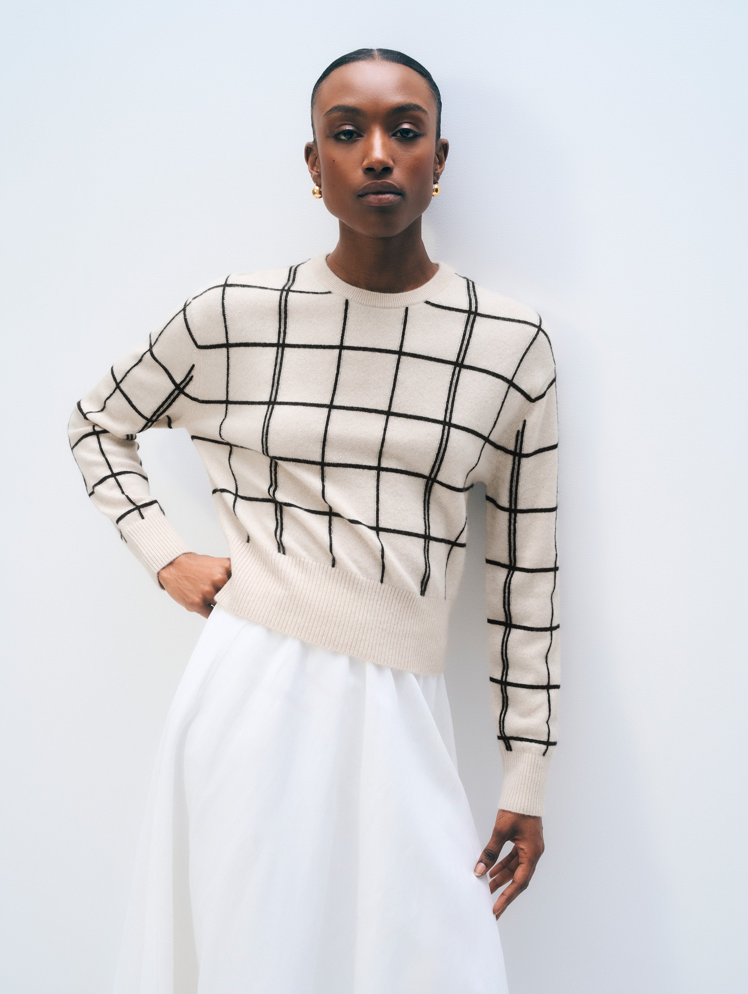Cashmere Windowpane Crewneck | Natural Heather